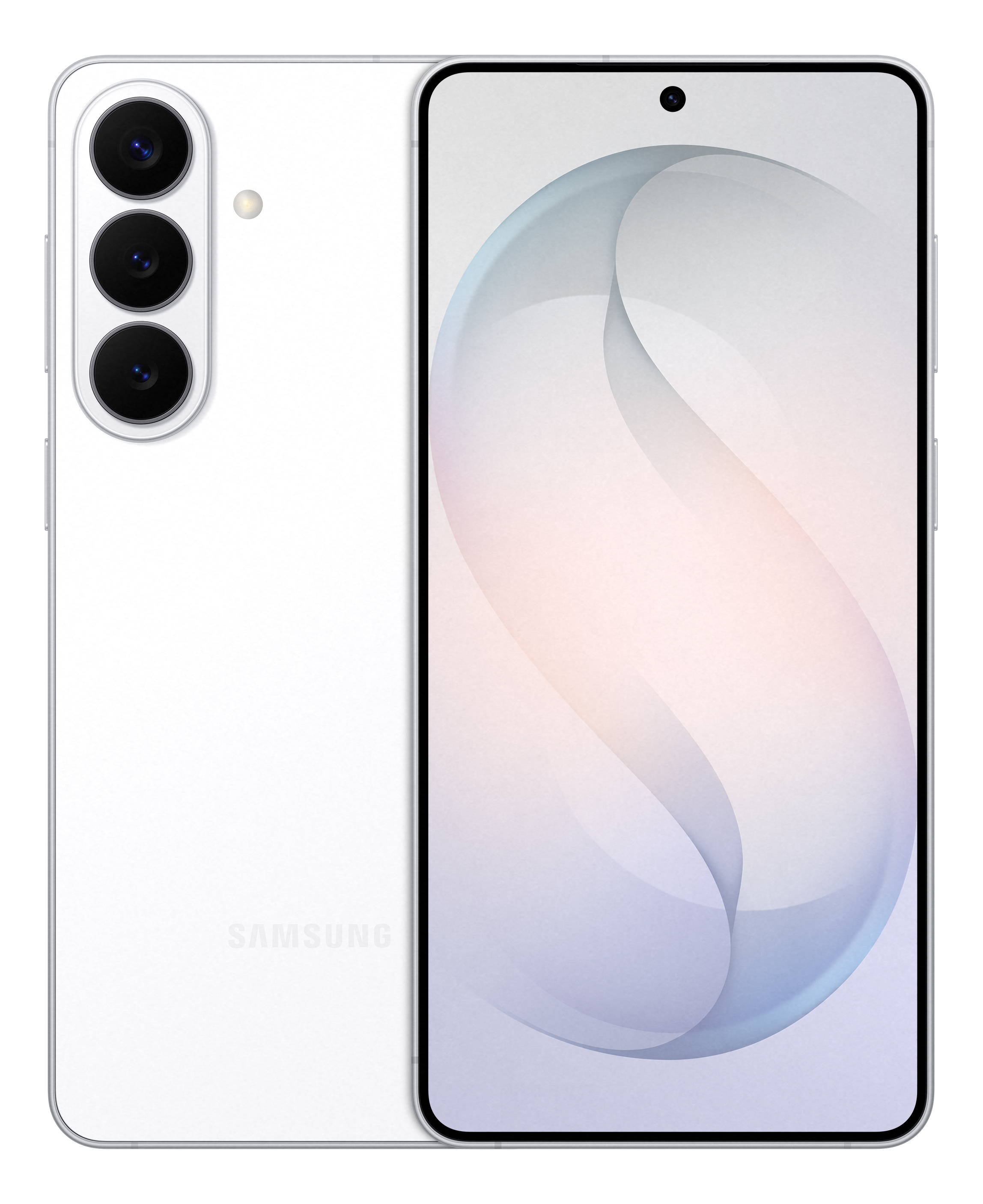 Ein weißes Samsung Smartphone mit drei Kameras auf der Rückseite.