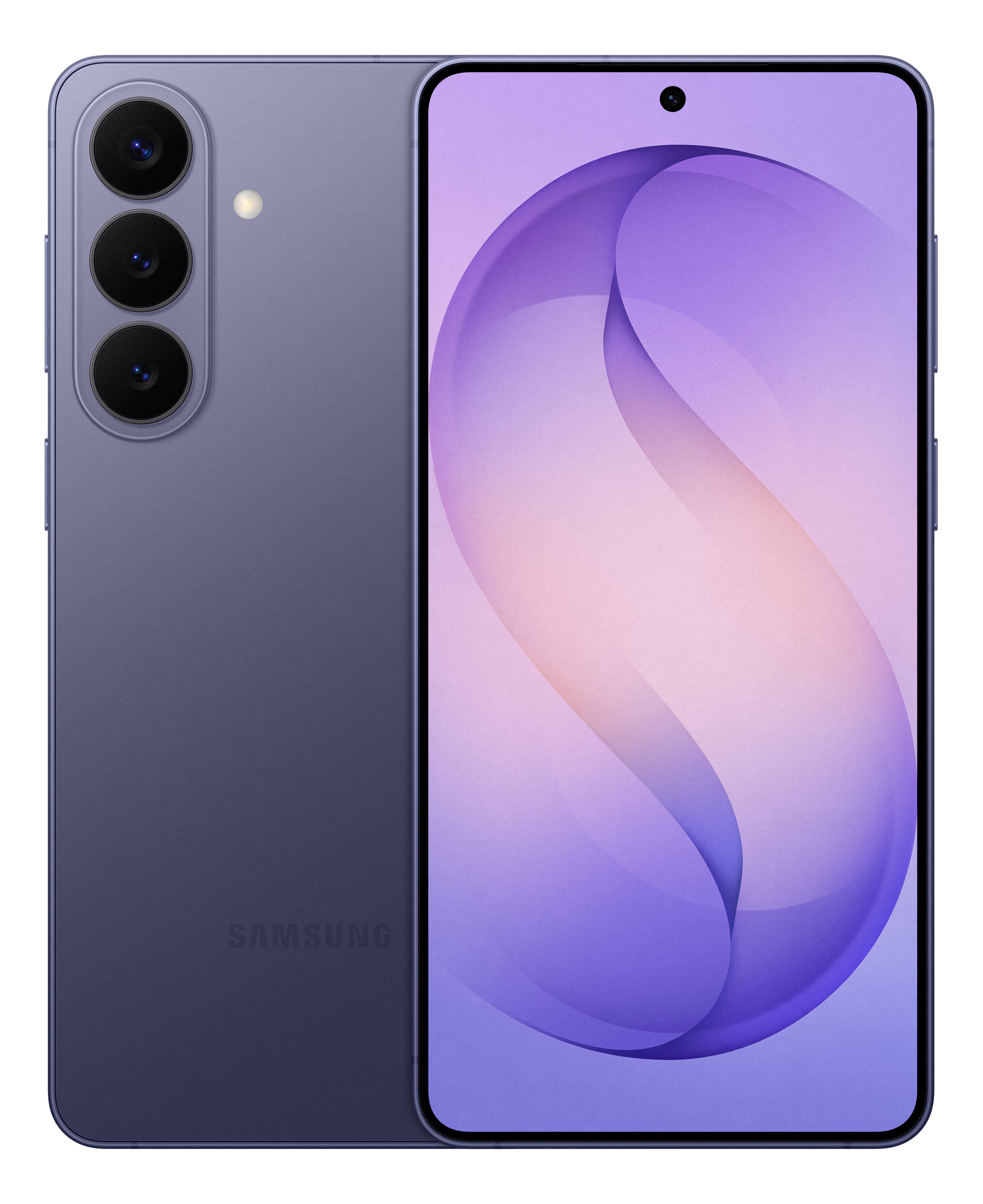 Ein lila Smartphone mit drei Kameras auf der Rückseite und einem großen Bildschirm.