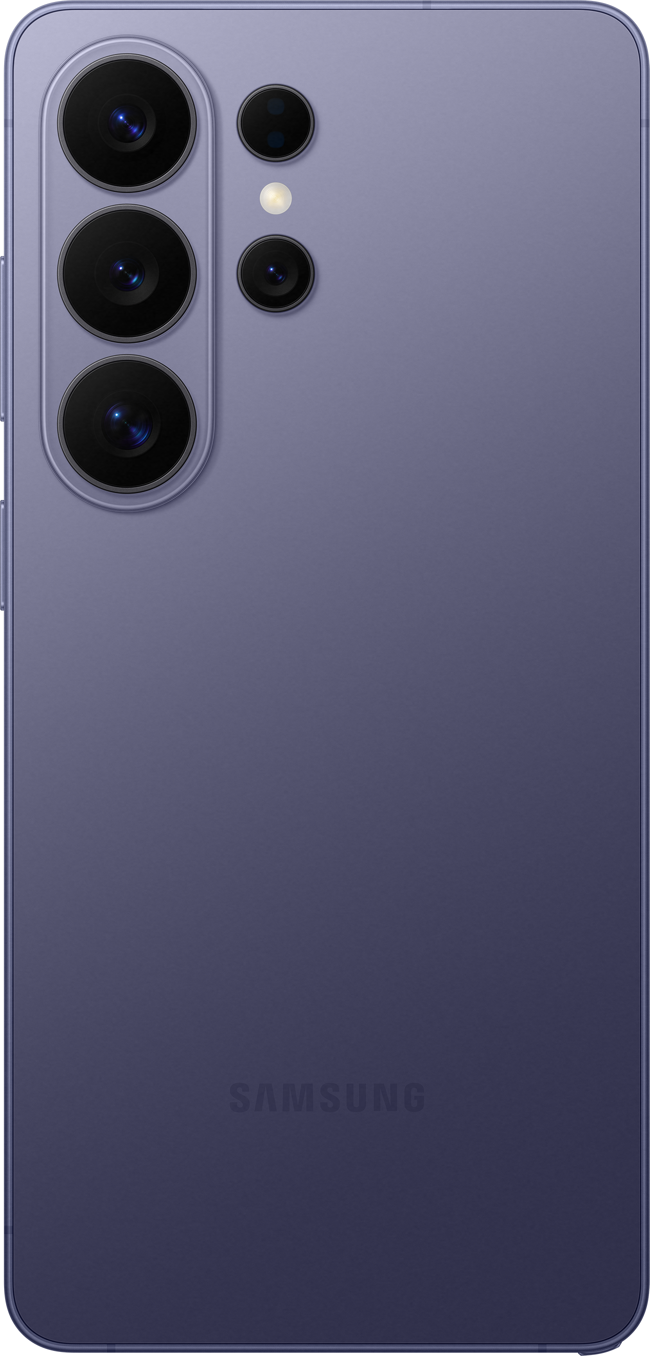 Ein lila Smartphone mit vier Kameras und Blitz auf der Rückseite.
