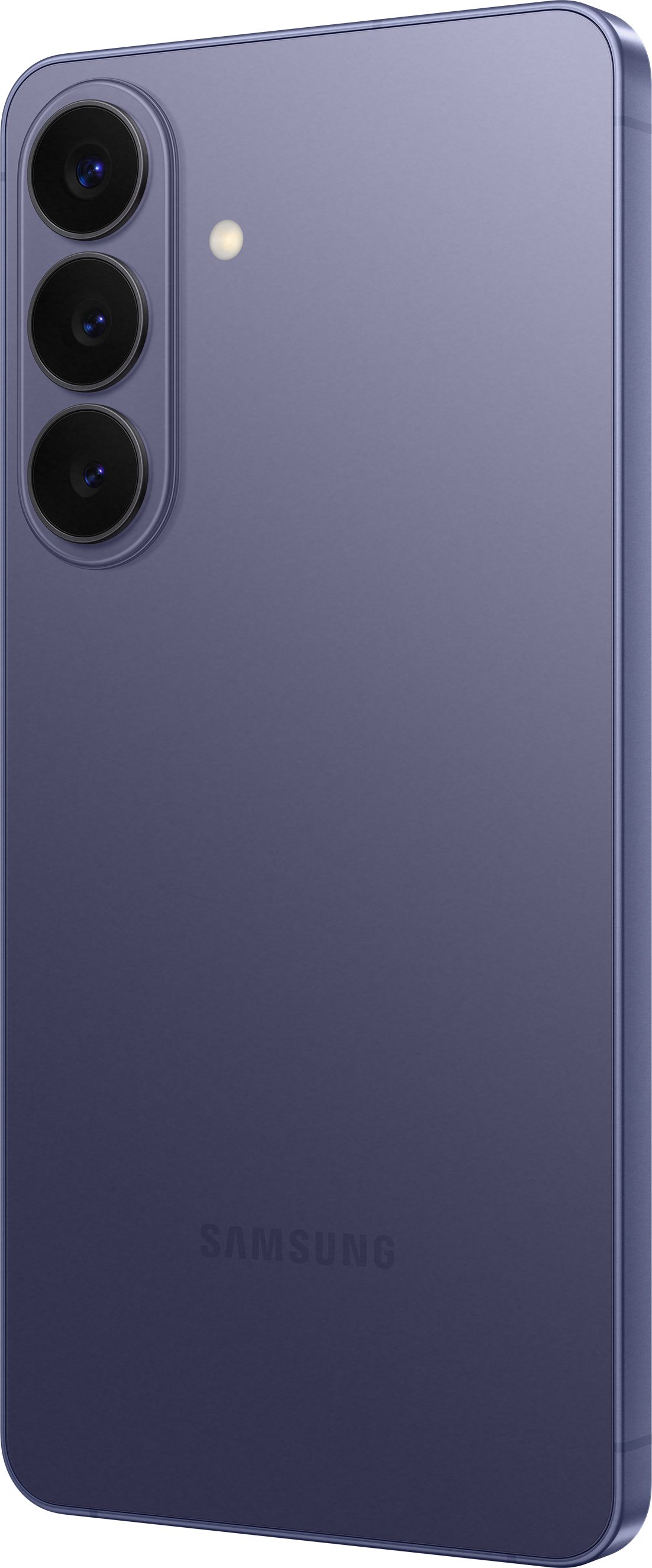 Lila Samsung Handy mit drei Kameras und Blitz.