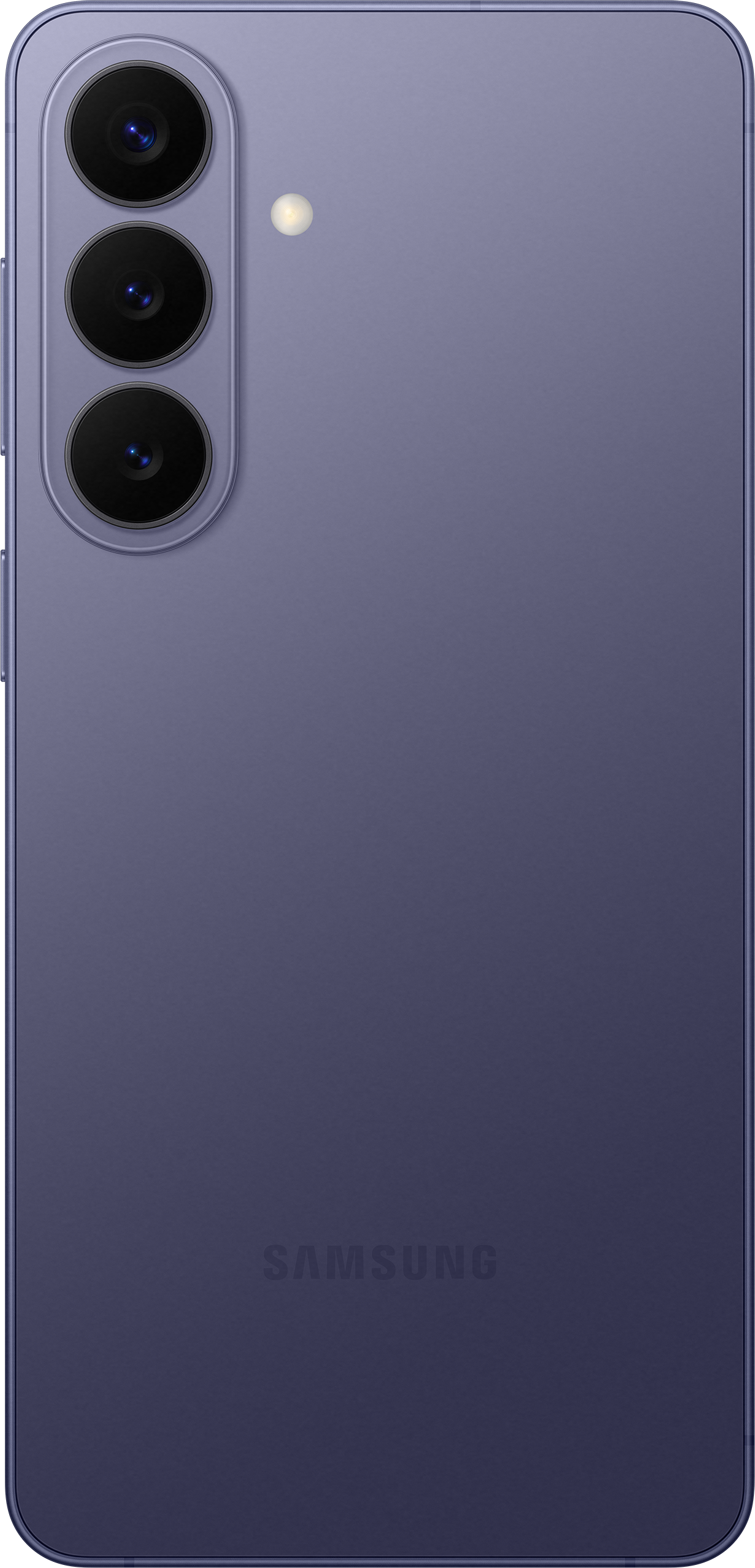 Lila Samsung Smartphone mit drei Kameras und Blitz.