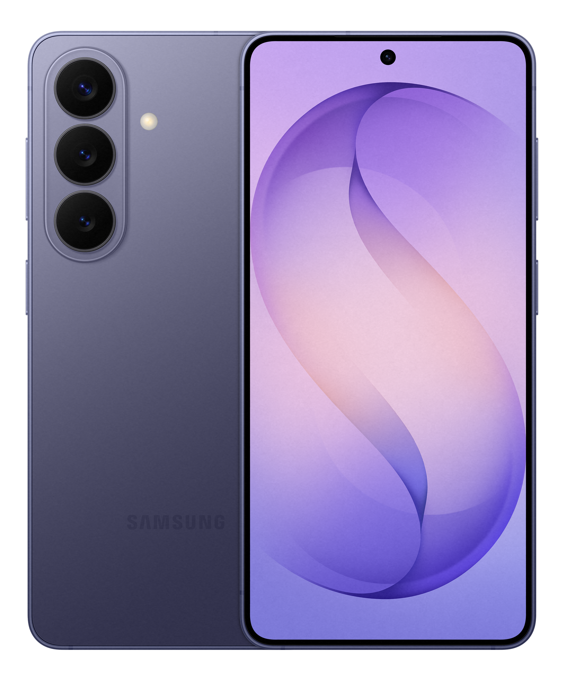 Un smartphone violet avec trois caméras arrière et une caméra avant.