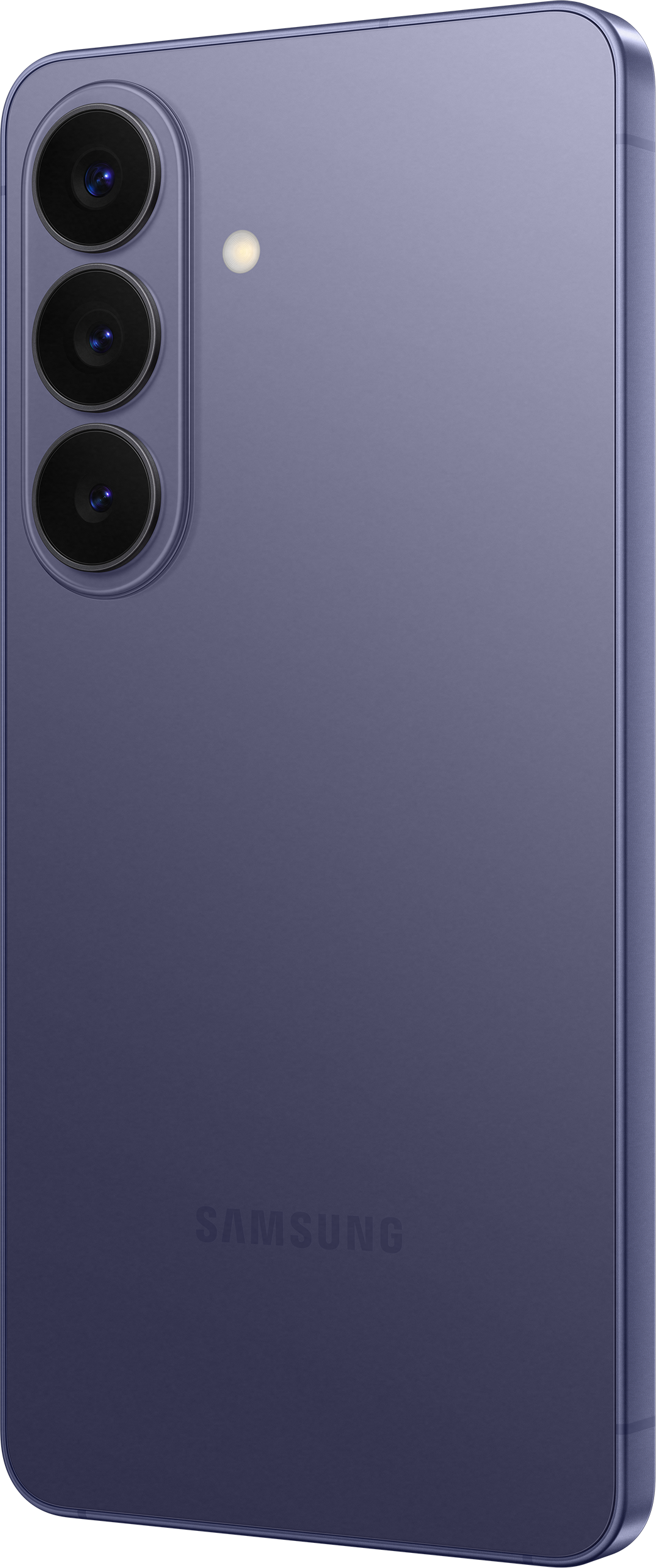 Dos de smartphone violet avec trois caméras et flash. Logo Samsung visible.