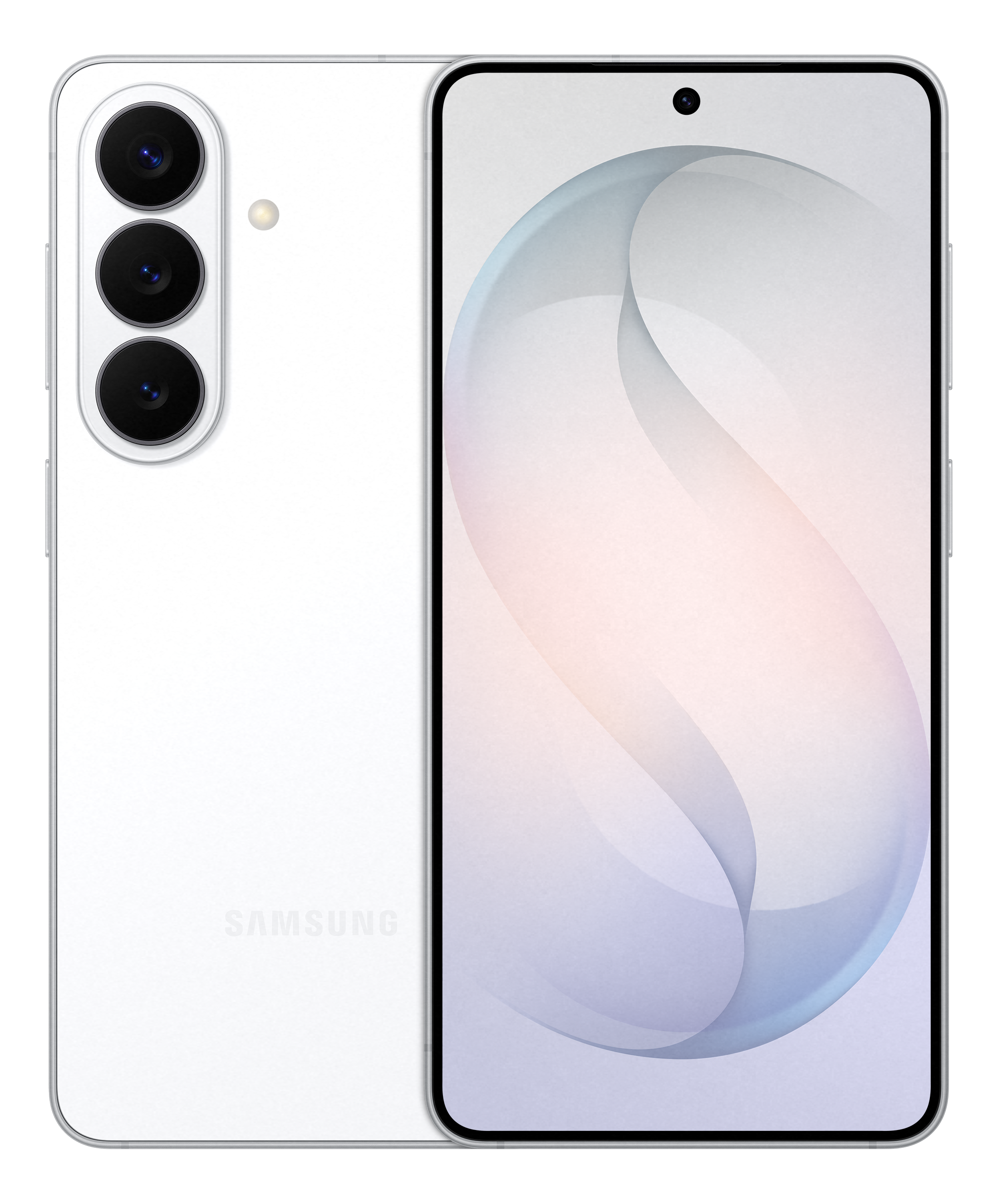 Ein weißes Smartphone mit drei Kameras auf der Rückseite und einem Bildschirm.