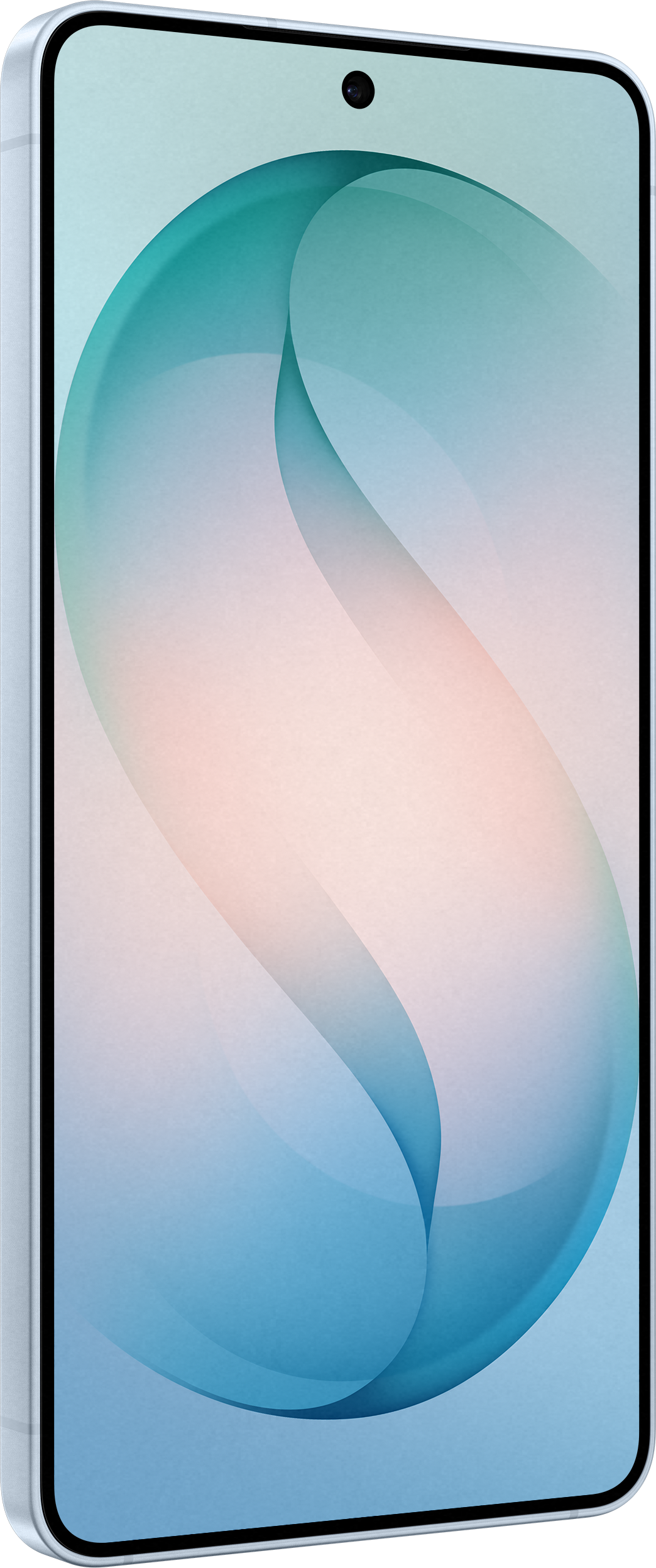 Uno smartphone argentato con un gradiente blu e rosa sullo schermo.