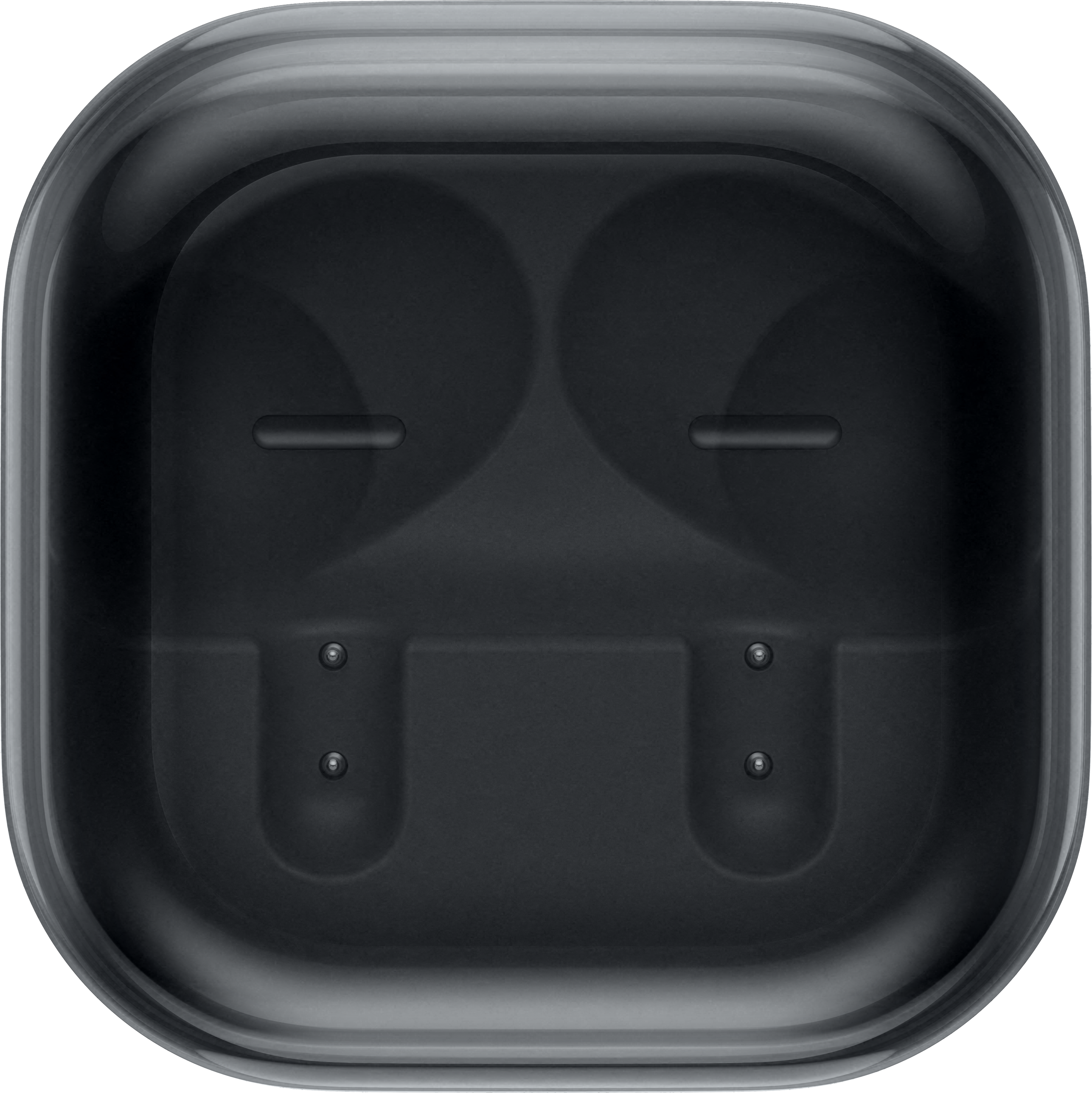 Boîtier de charge noir avec deux renfoncements ronds et indicateurs.