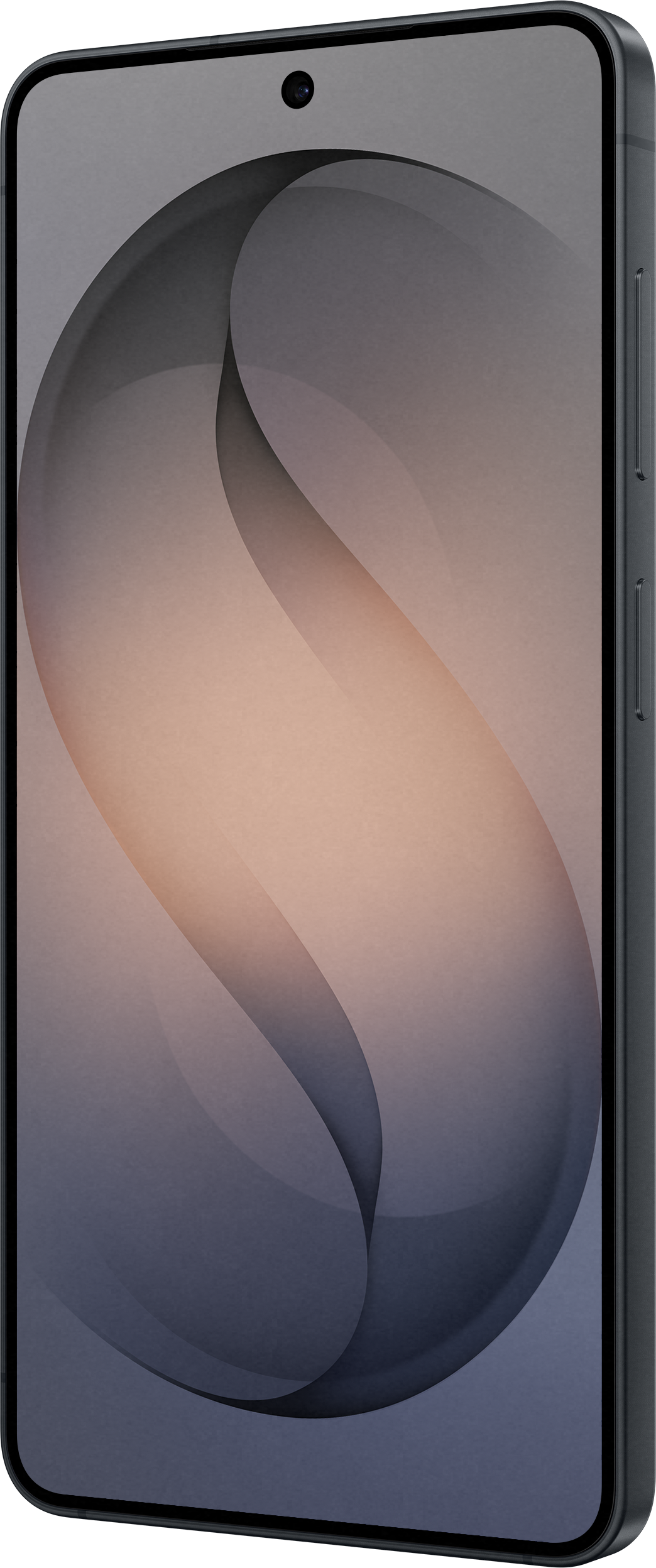 Un smartphone sombre affichant un fond d'écran abstrait et incurvé aux tons pastel.