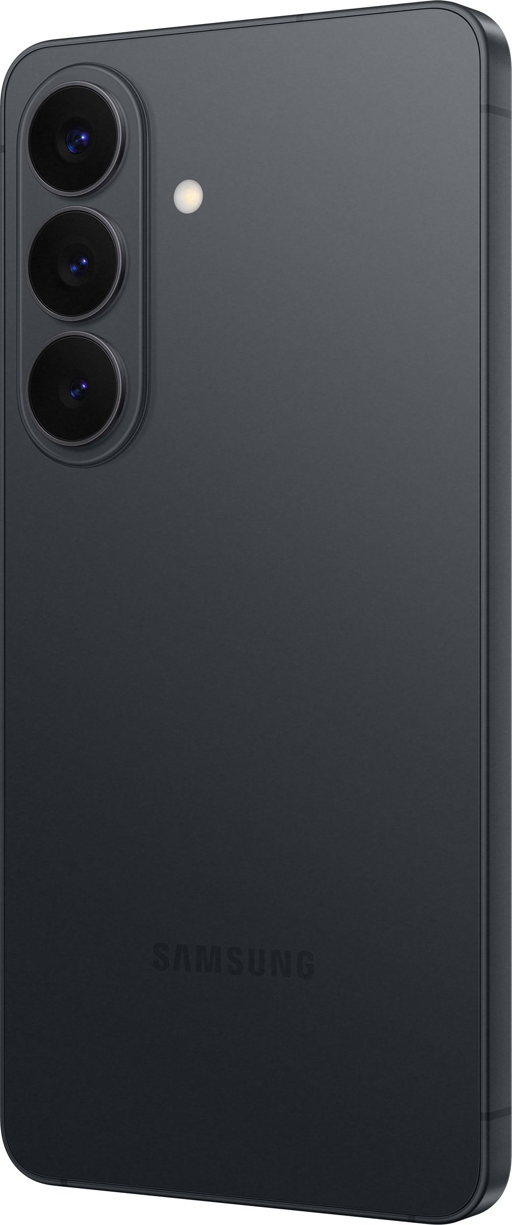 Smartphone gris foncé avec trois caméras et un flash à l'arrière.