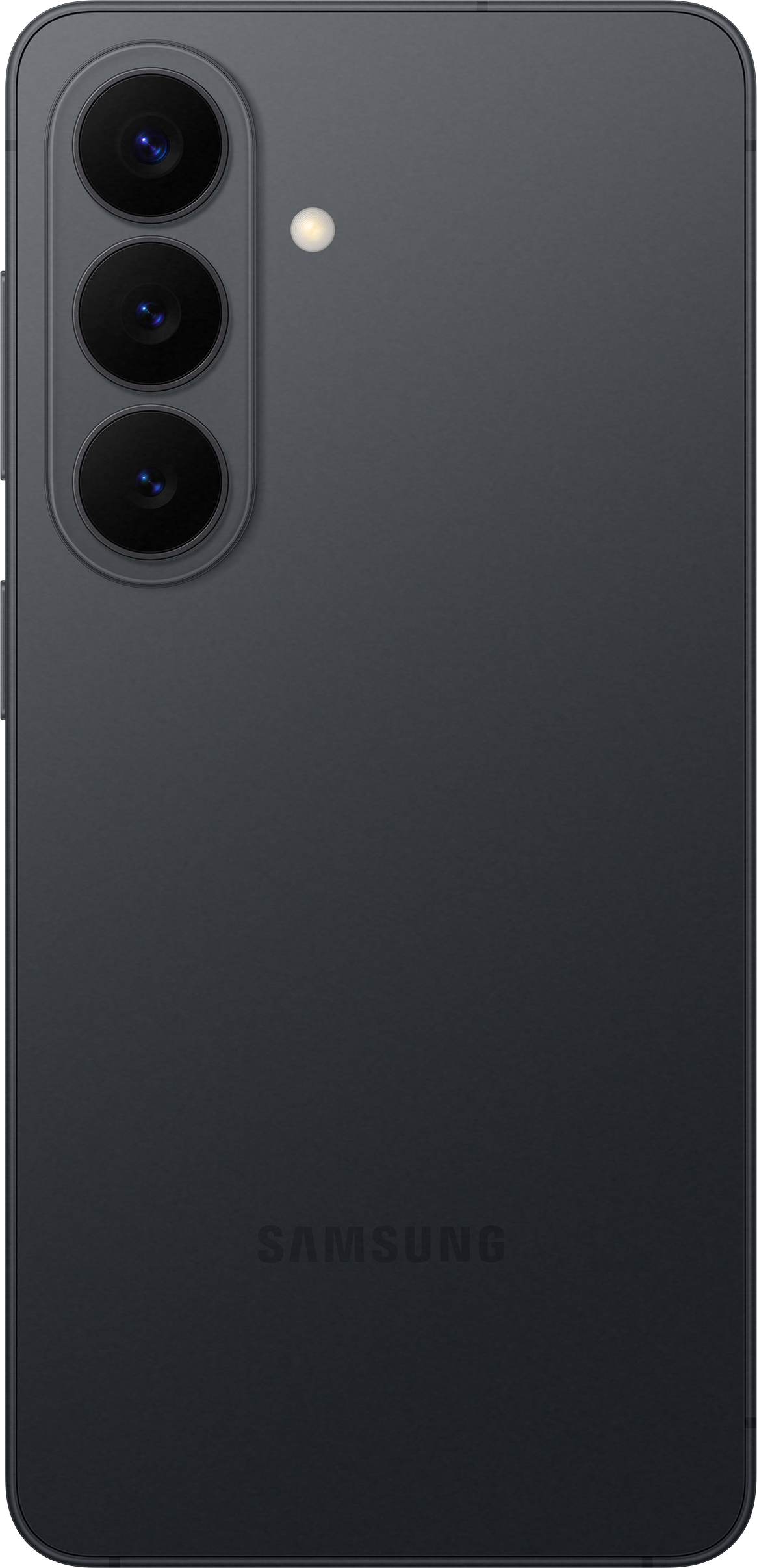 Smartphone gris foncé avec trois caméras arrière et flash. Logo Samsung.