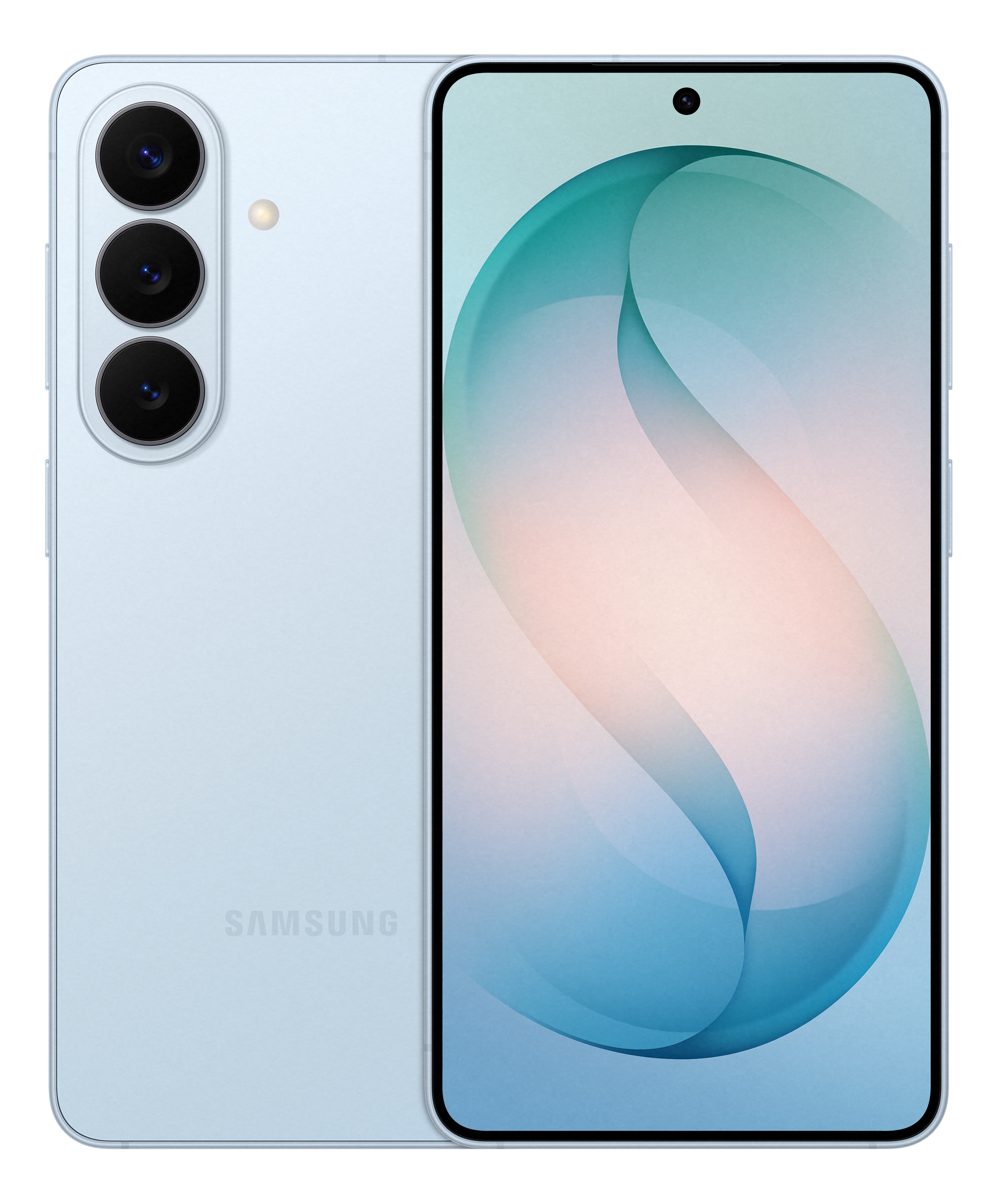 Ein hellblaues Smartphone mit drei Kameras auf der Rückseite und einem blauen/grünen Hintergrundbild auf dem Bildschirm.