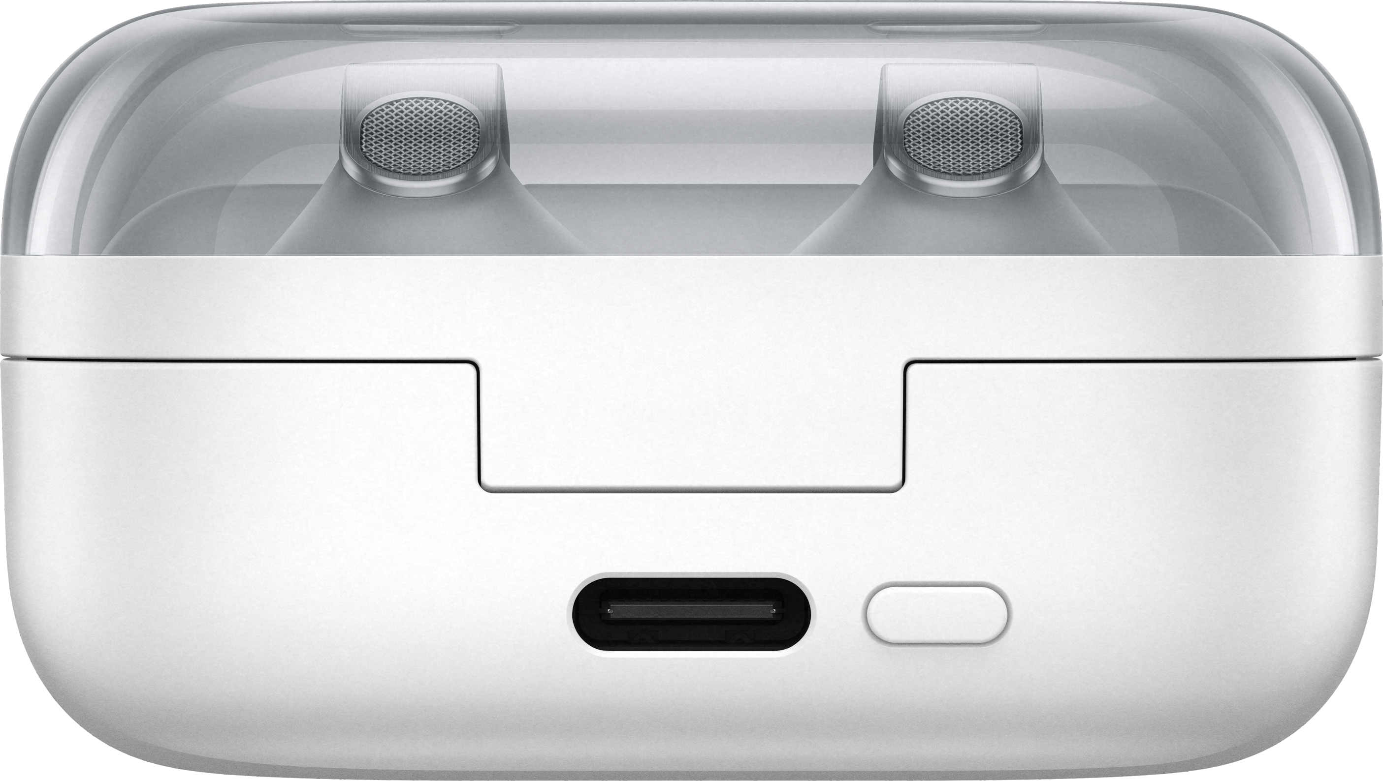 Ein weißes Ladeetui für Kopfhörer mit durchsichtigem Deckel und USB-C-Anschluss.