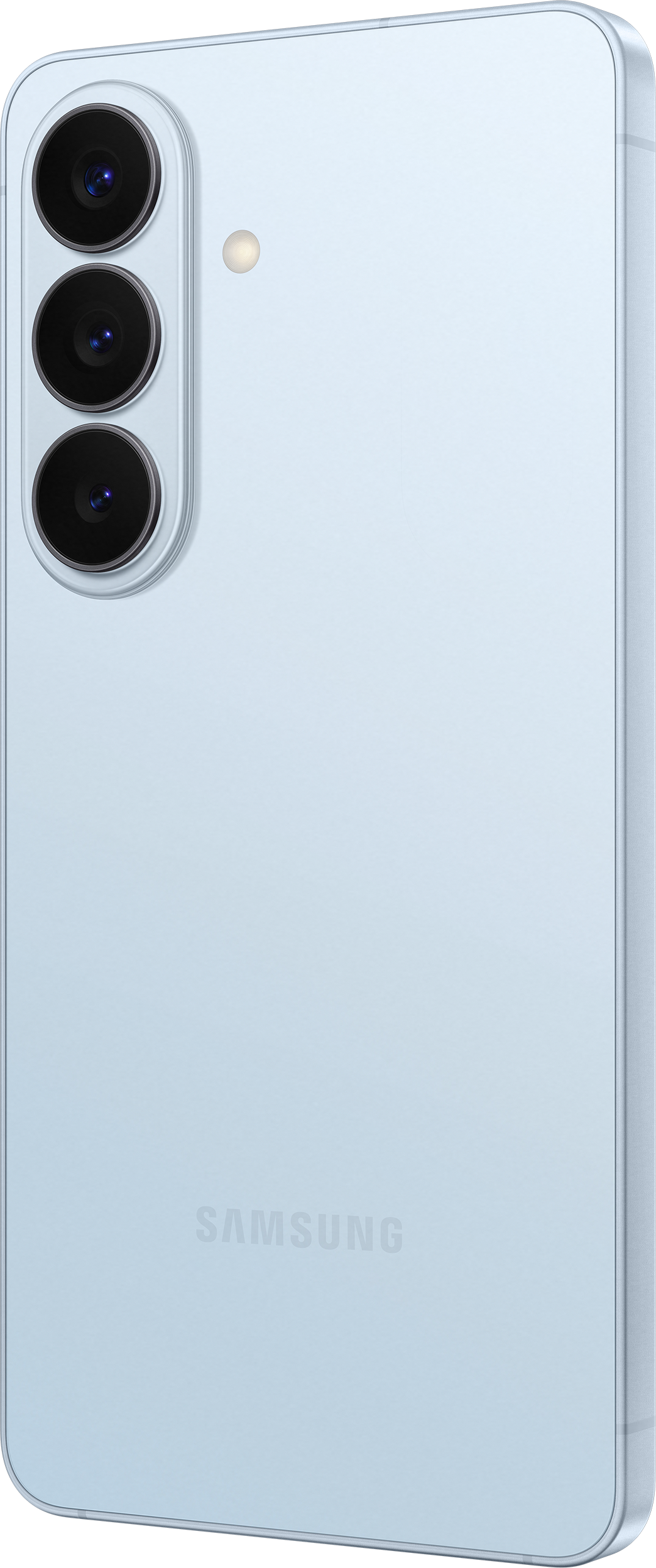 Helles blaues Smartphone mit drei Kameras und Blitz.