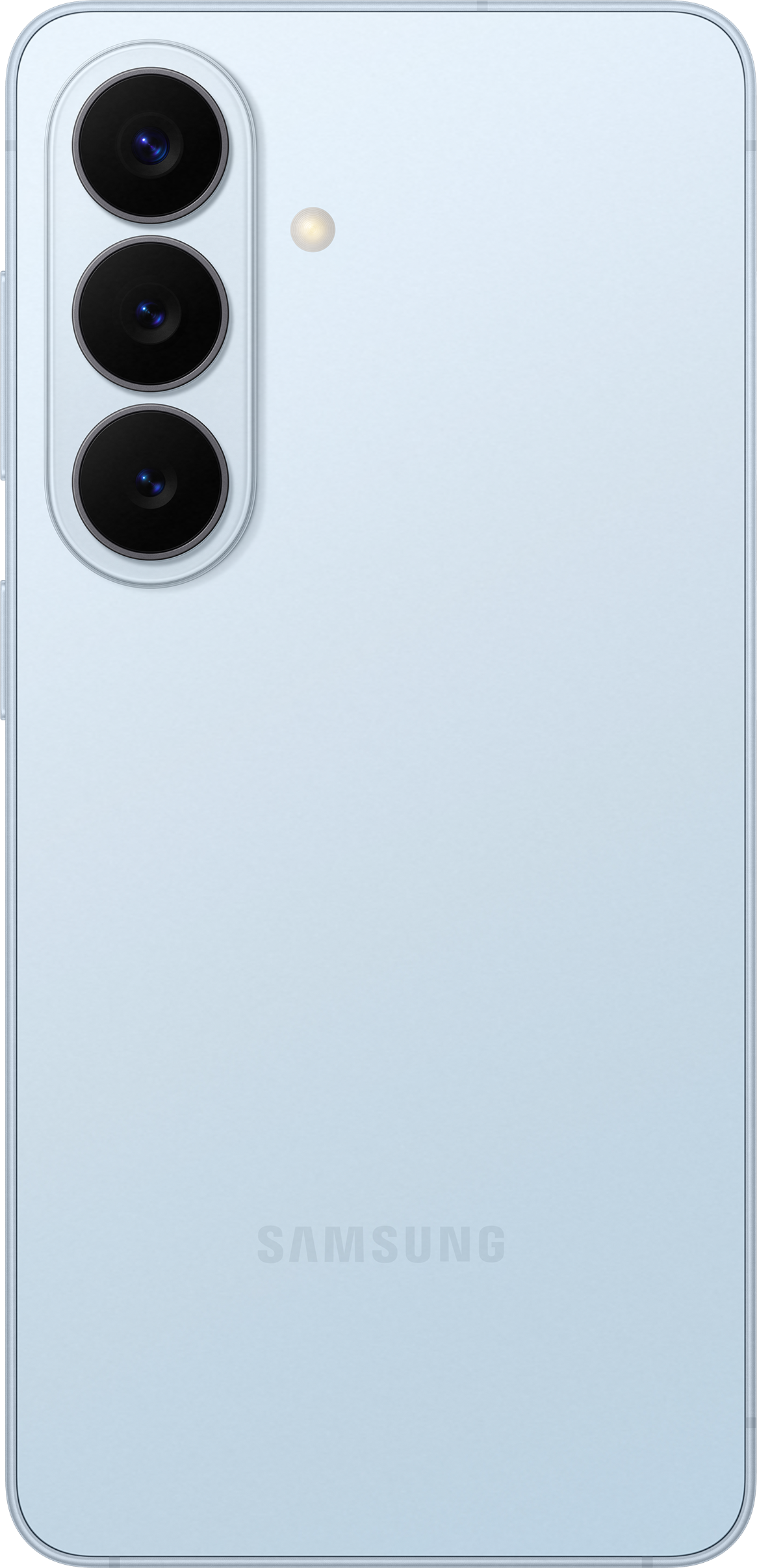 Hinterseite eines hellblauen Samsung-Smartphones mit drei Kameras und Blitz.