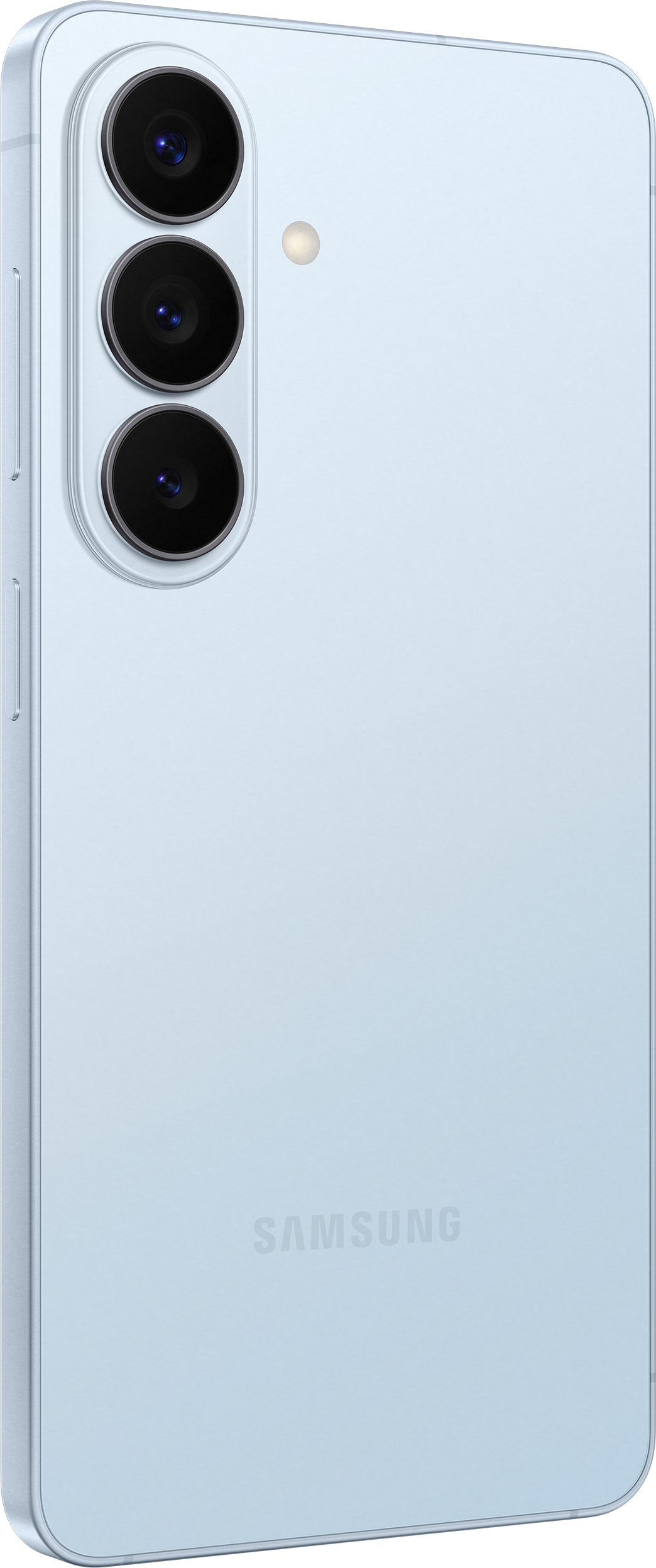 Rückseite eines hellblauen Smartphones mit drei Kameras und Blitz.