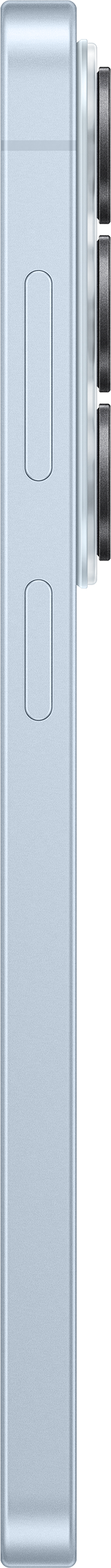 Ein hellblaues Smartphone mit schwarzen Kameralinsen und zwei Tasten an der Seite.
