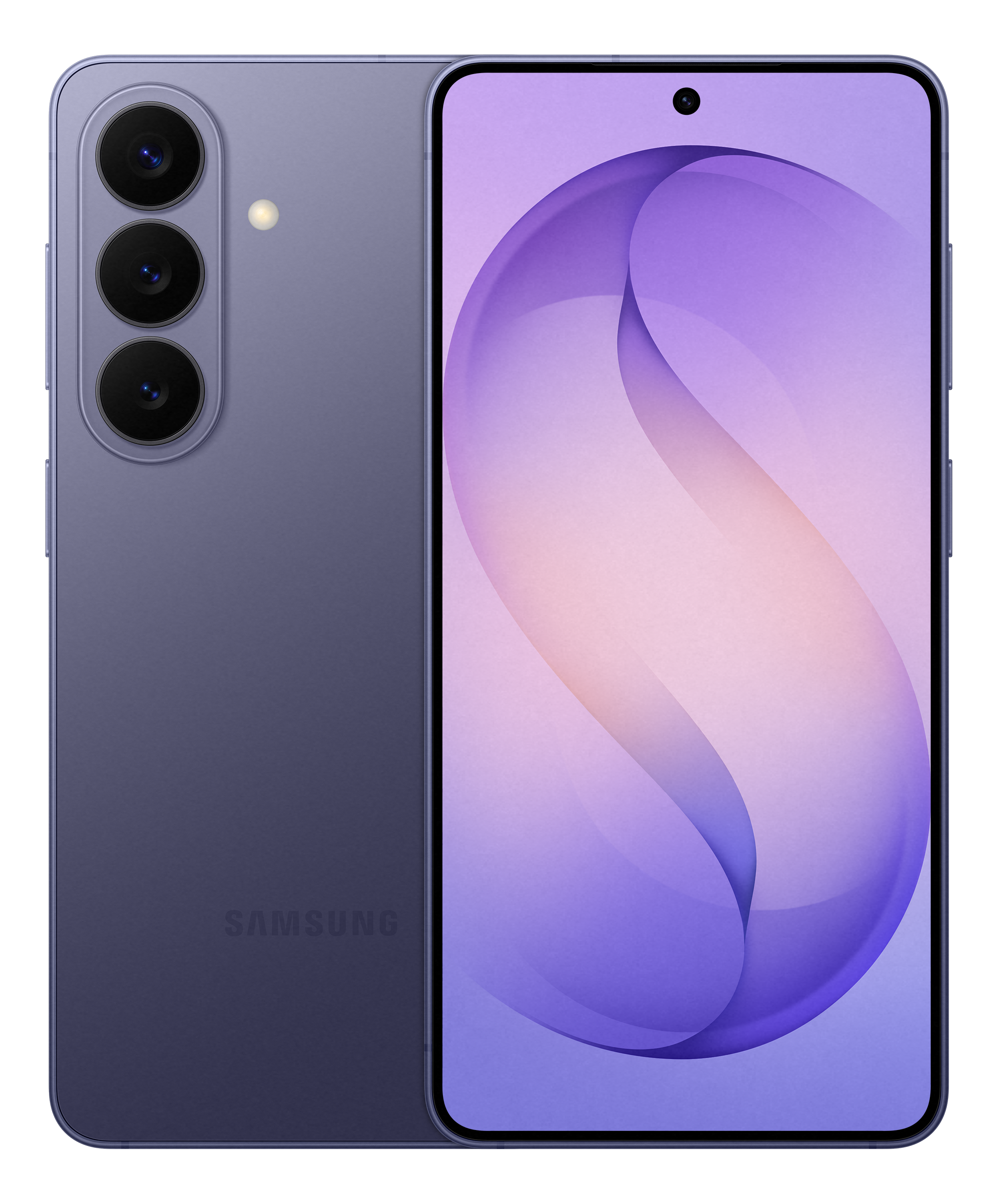 Uno smartphone Samsung viola con tre fotocamere posteriori e schermo intero.