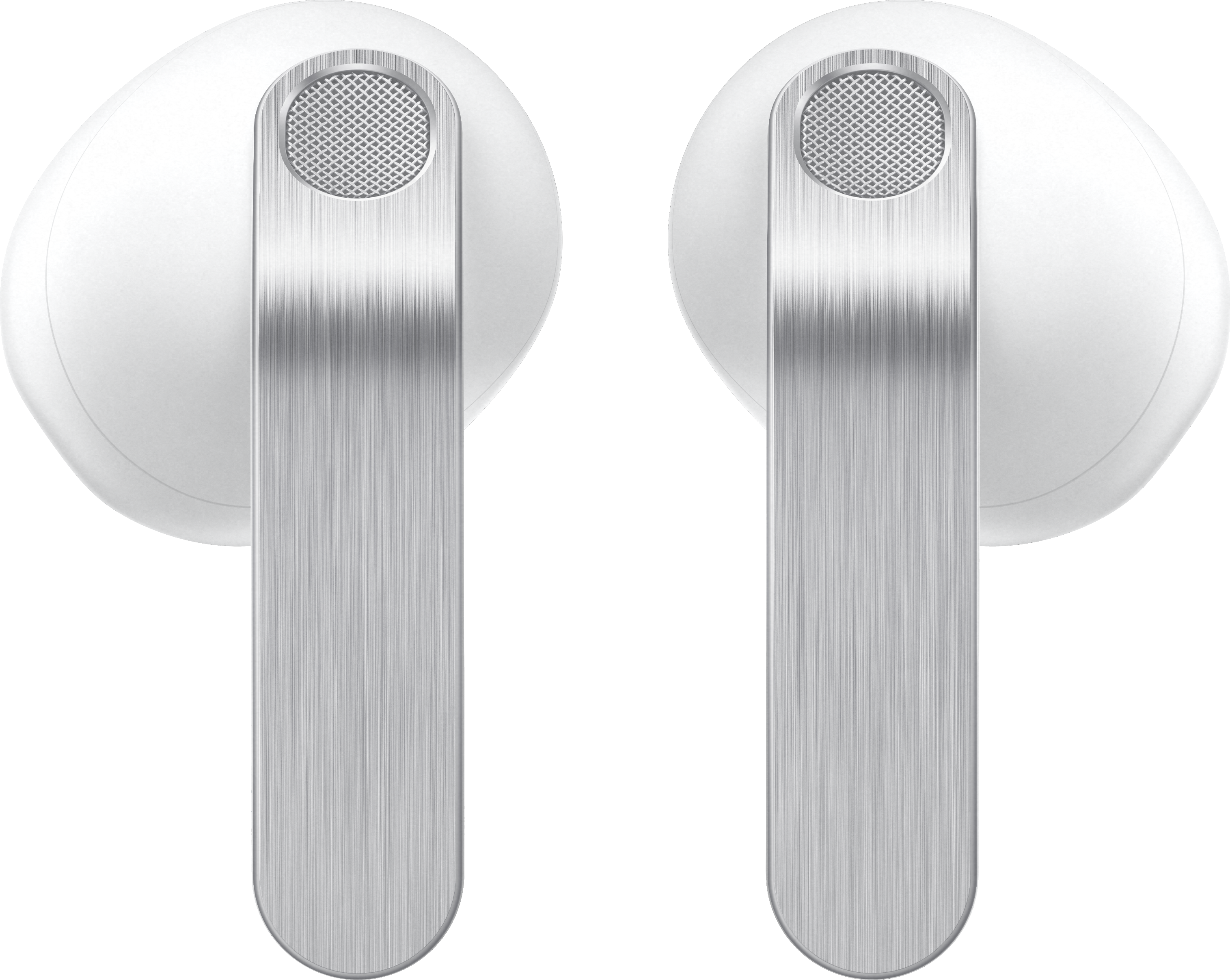 Due auricolari wireless bianchi con steli argentati, isolati su sfondo nero.