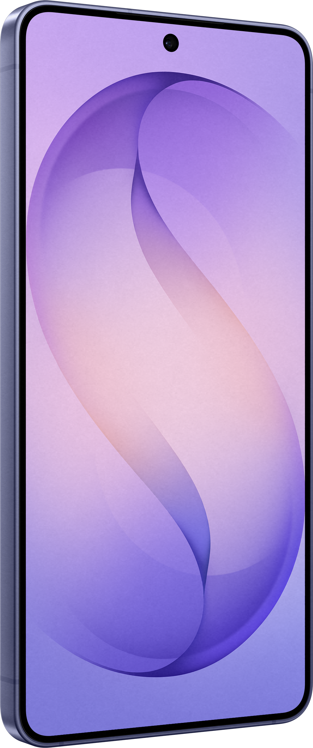 Uno smartphone con cornice blu che mostra uno sfondo astratto viola e rosa.