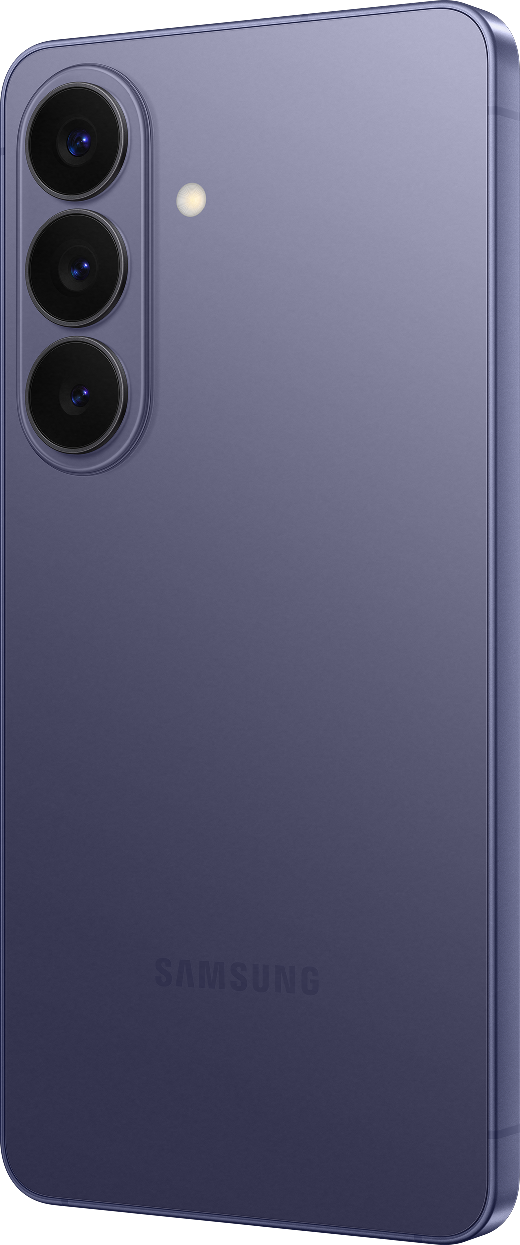Retro di uno smartphone Samsung viola con tre fotocamere e un flash.
