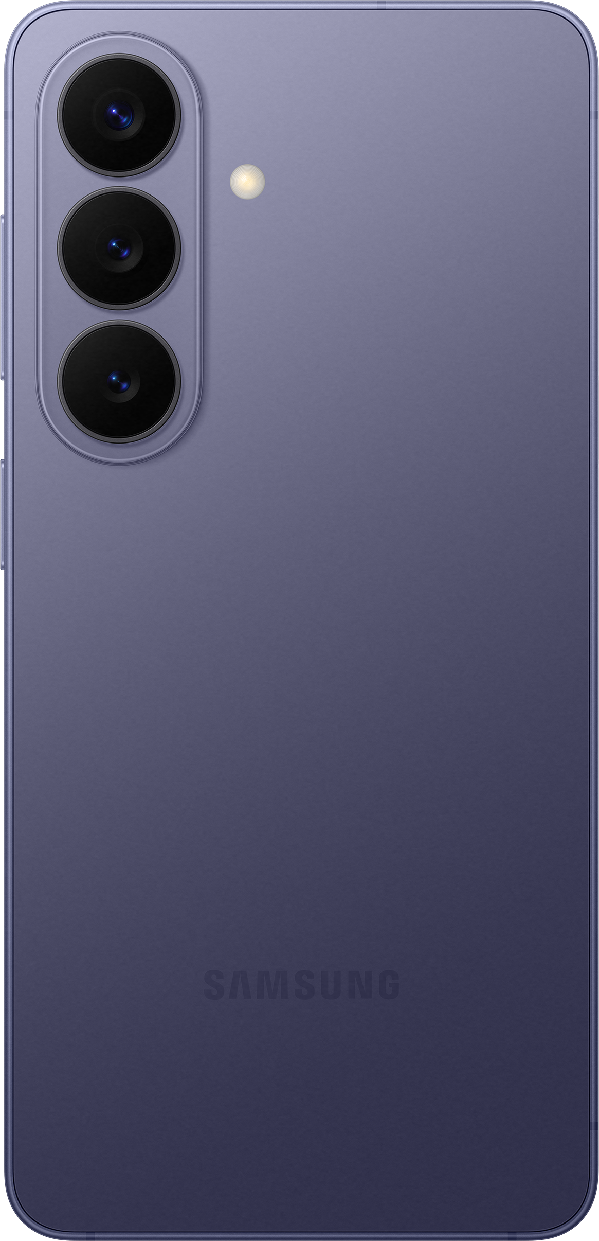 Retro di uno smartphone Samsung viola con tre fotocamere e un flash.