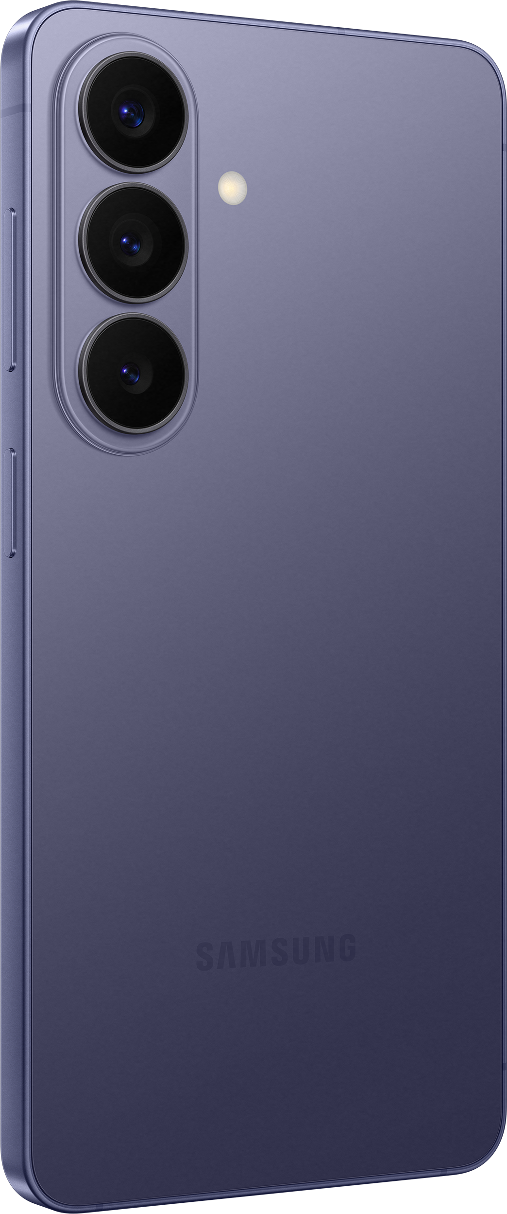 Retro di uno smartphone Samsung viola con tre fotocamere e flash.