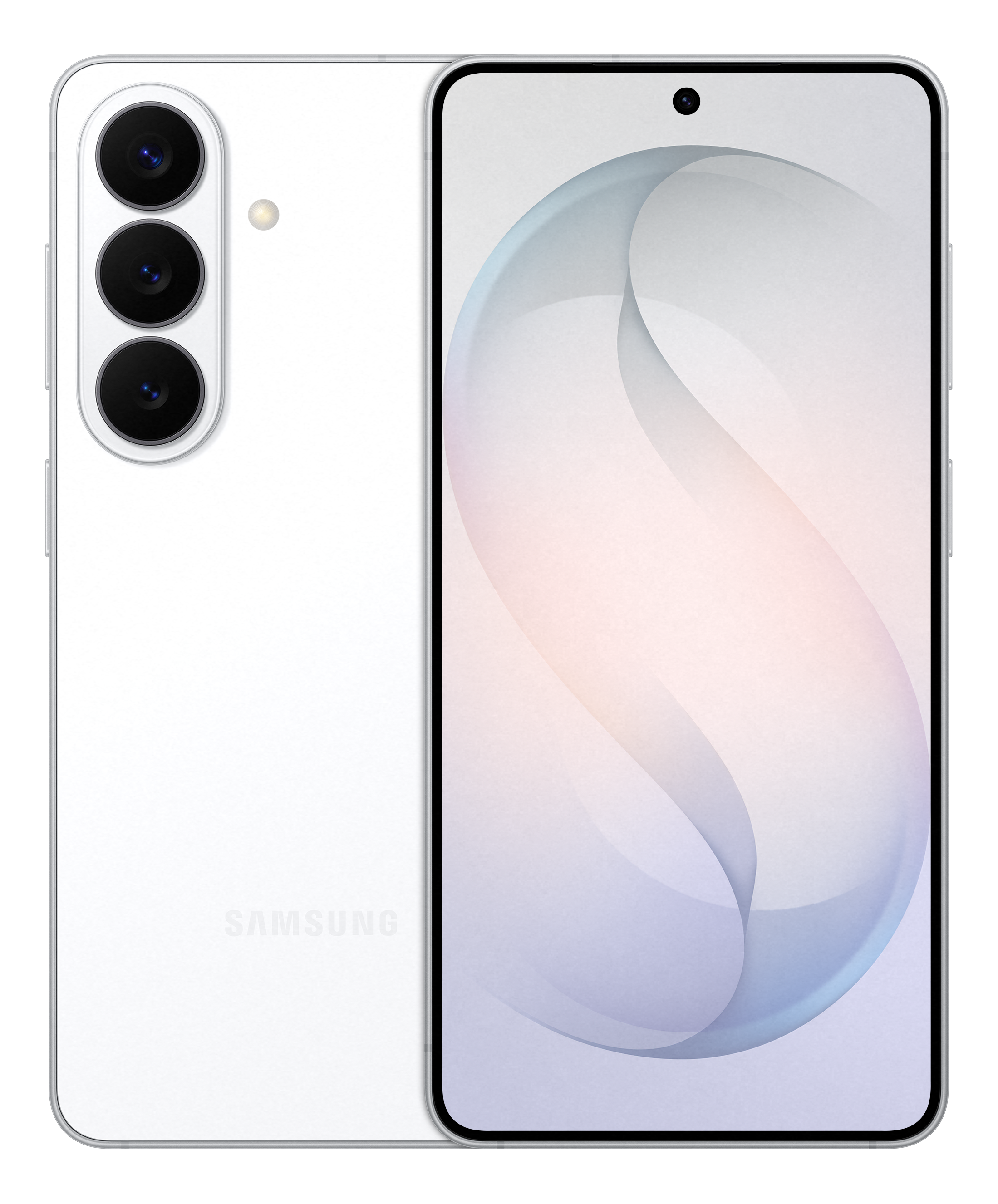 Un smartphone Samsung blanc avec trois caméras arrière et un écran.