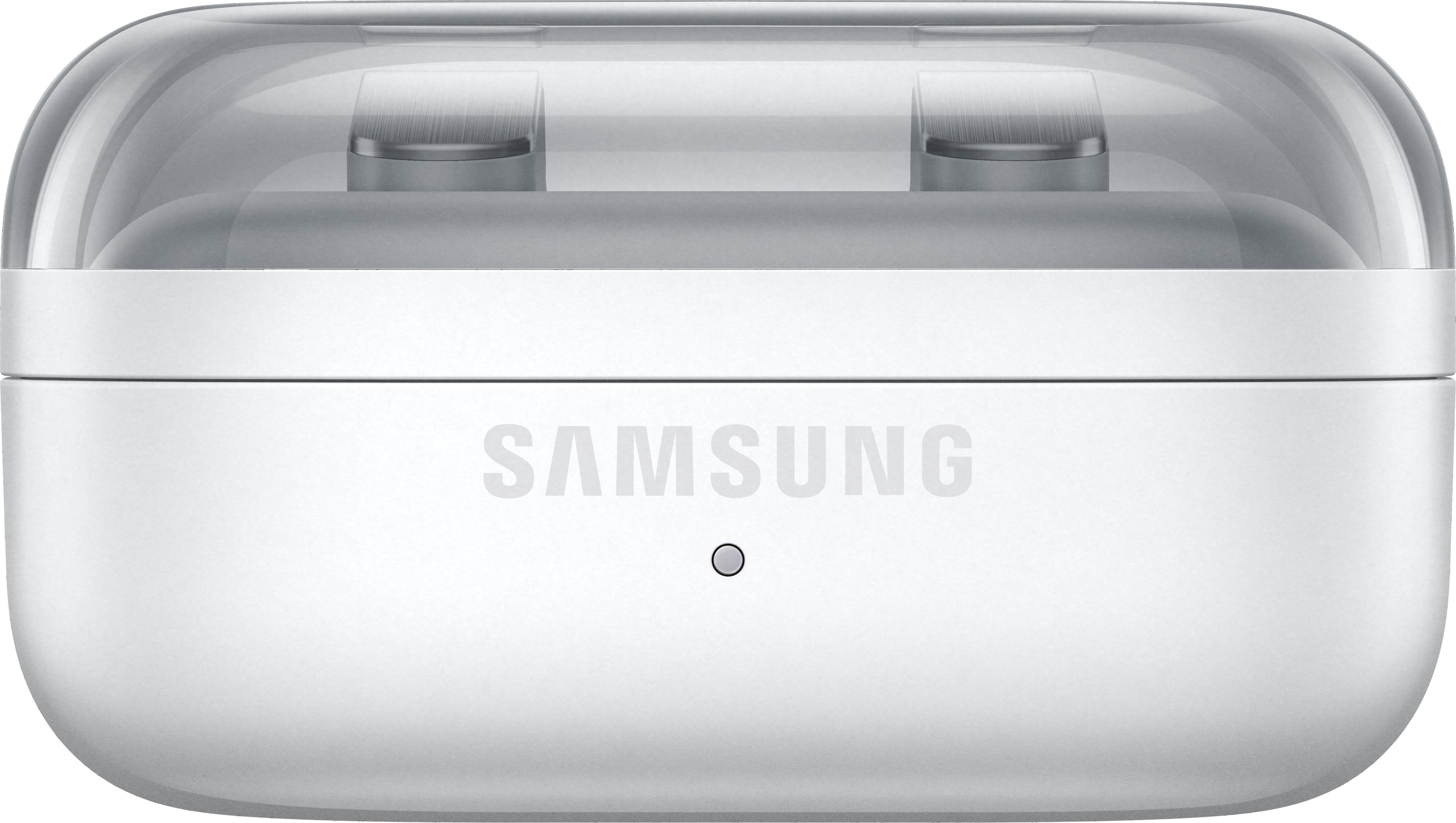 Una custodia di ricarica Samsung bianca con coperchio trasparente e auricolari.