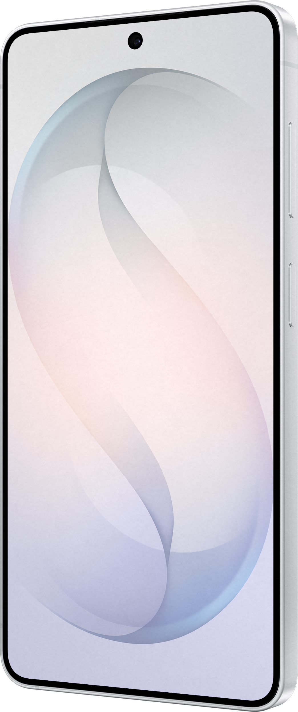 Un smartphone argenté avec un trou pour caméra frontale et un fond abstrait.