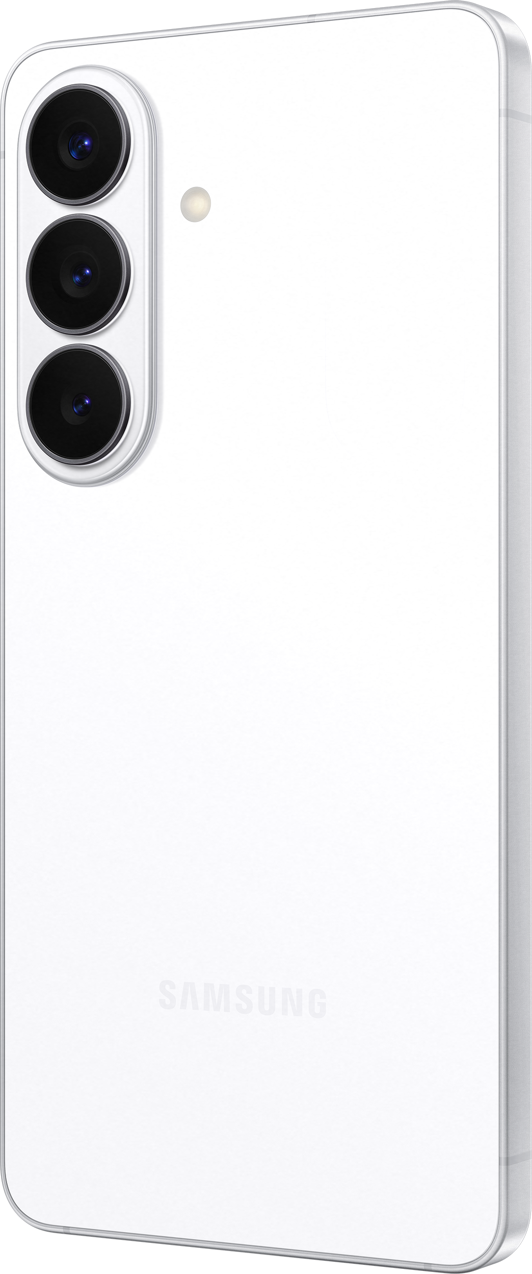 Un smartphone blanc avec trois caméras et un flash au dos.