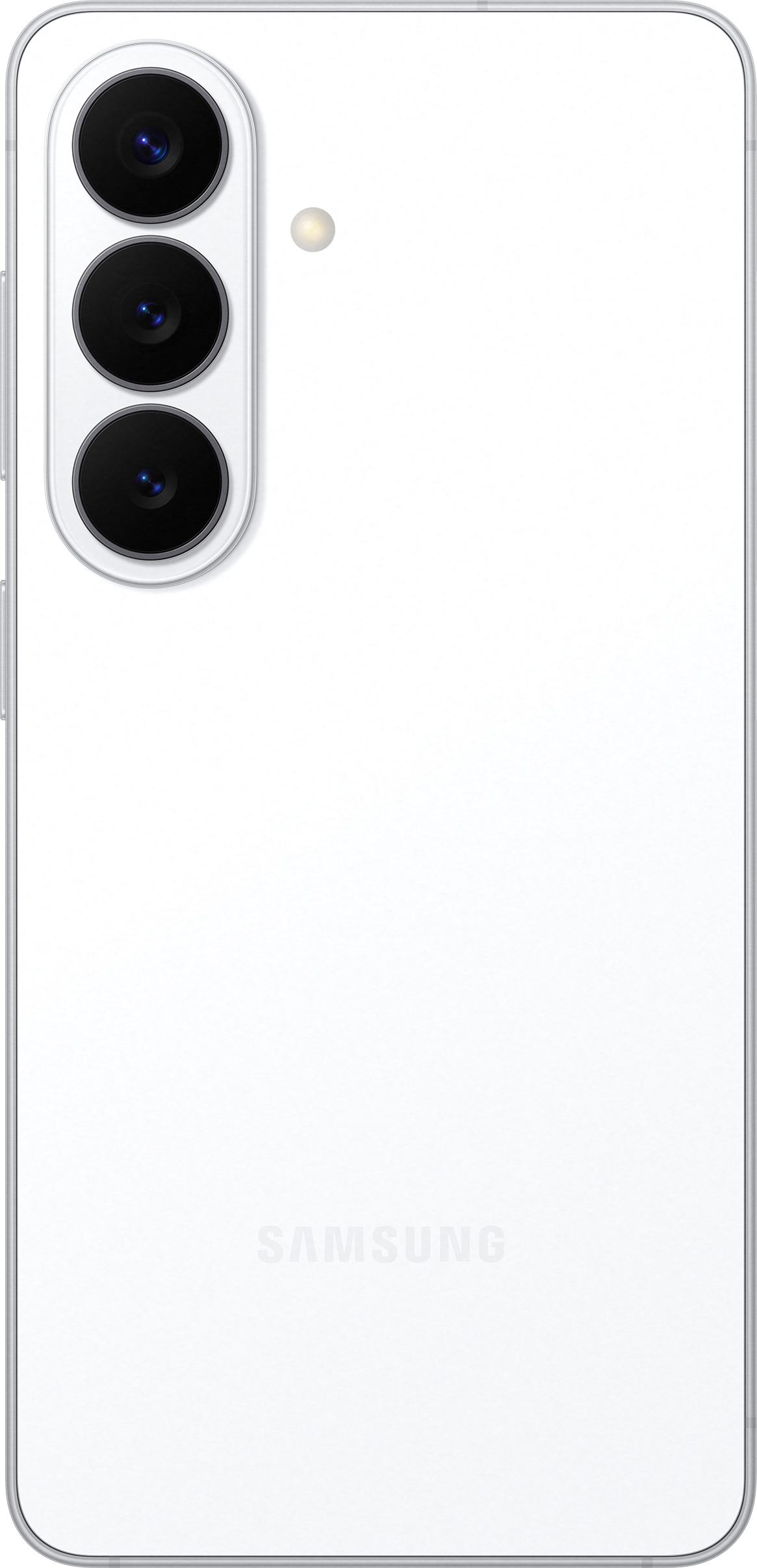 Arrière d'un smartphone Samsung blanc avec trois objectifs photo et un flash.