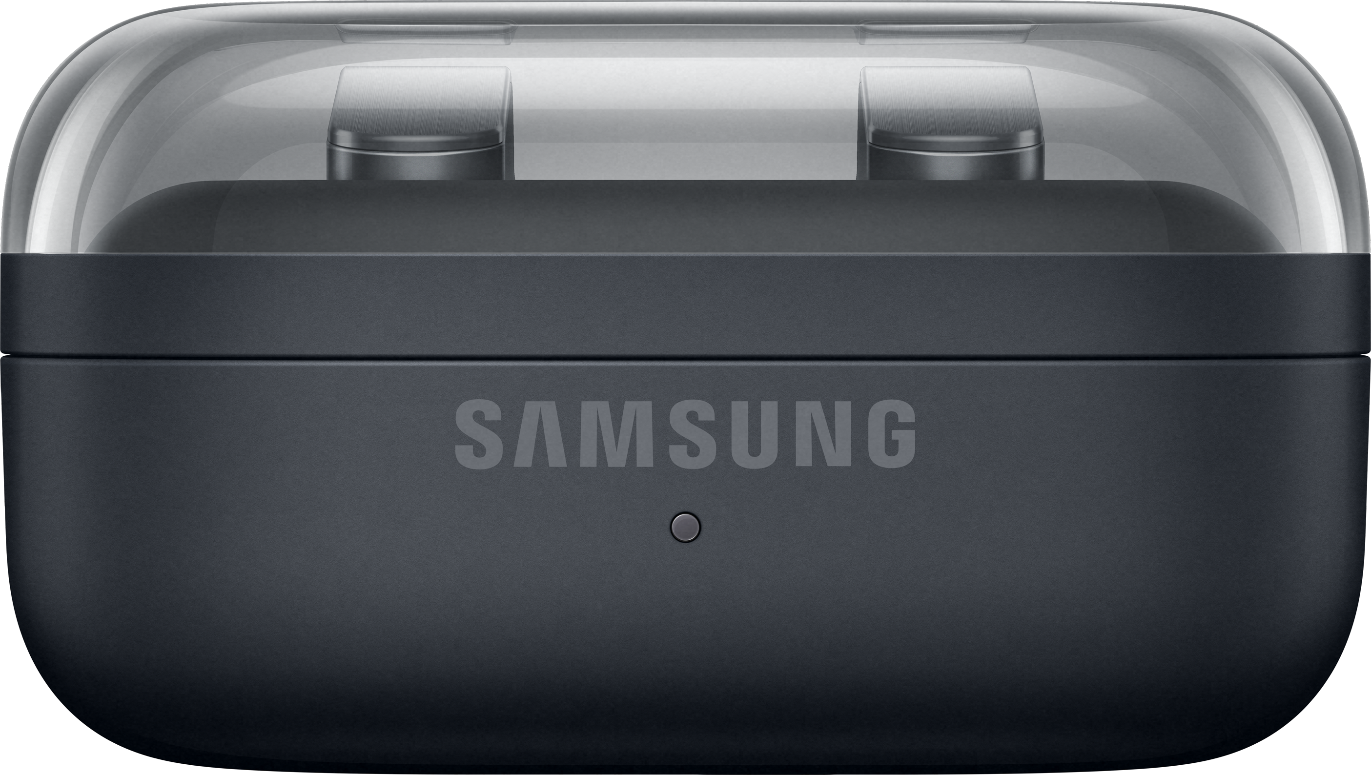 Étui de chargement Samsung pour écouteurs avec couvercle transparent et deux écouteurs.