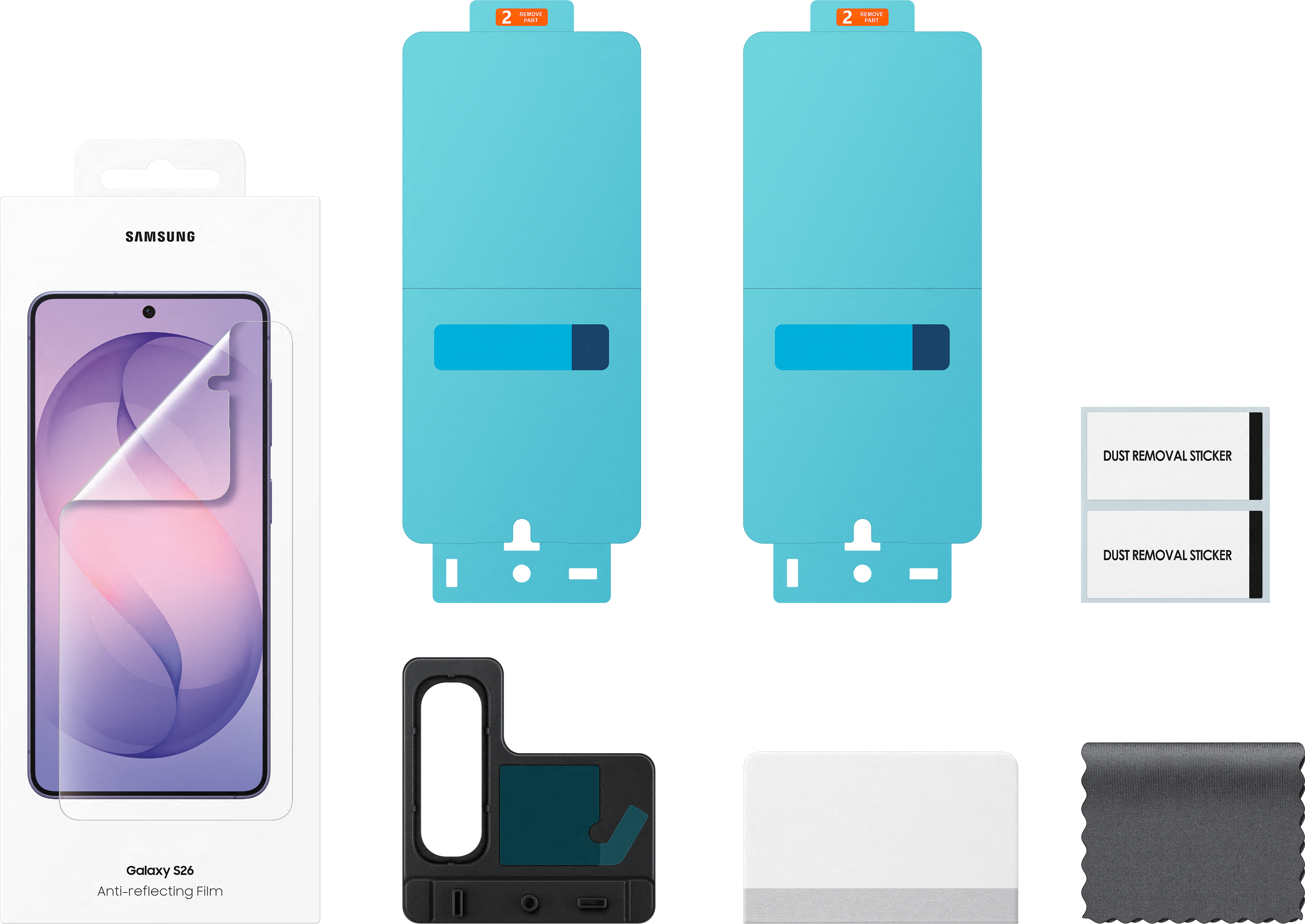 Kit di protezione schermo Samsung Galaxy S26 con accessori. Sfondo azzurro.