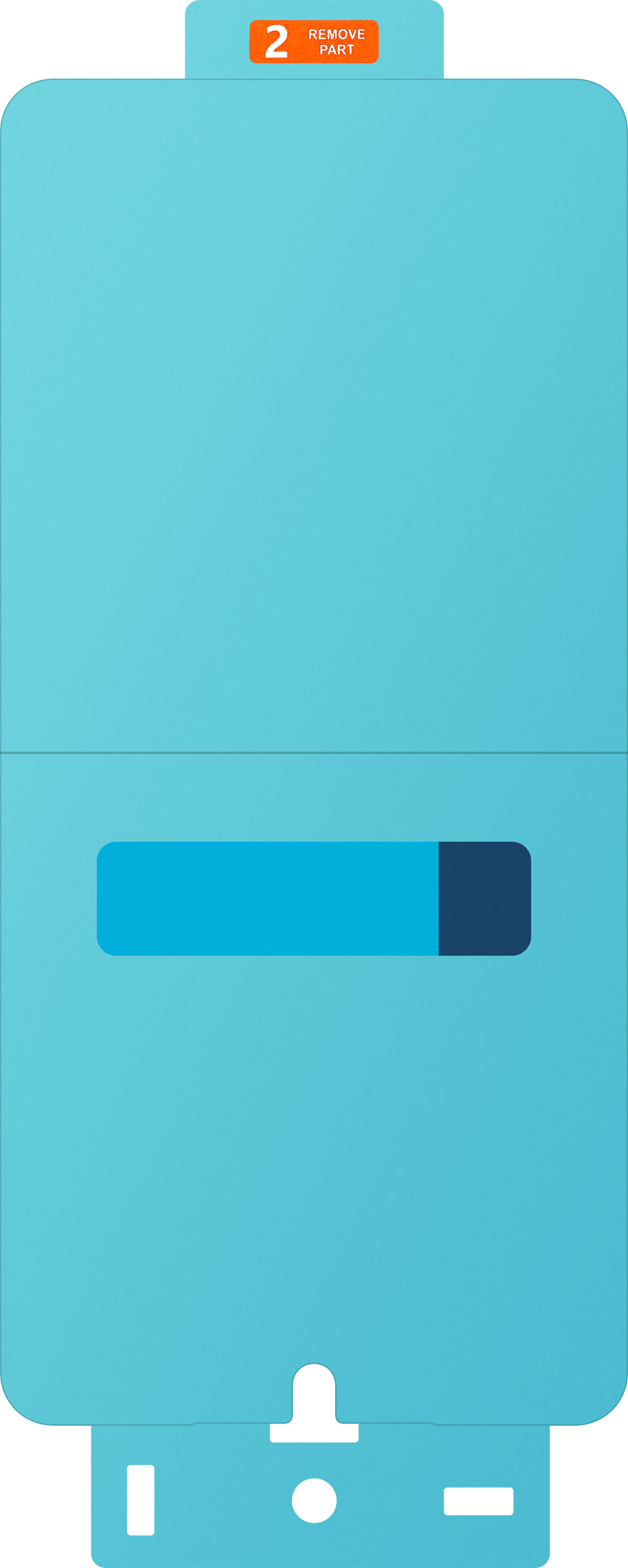 Un oggetto azzurro con adesivo arancione '2 REMOVE PART'.