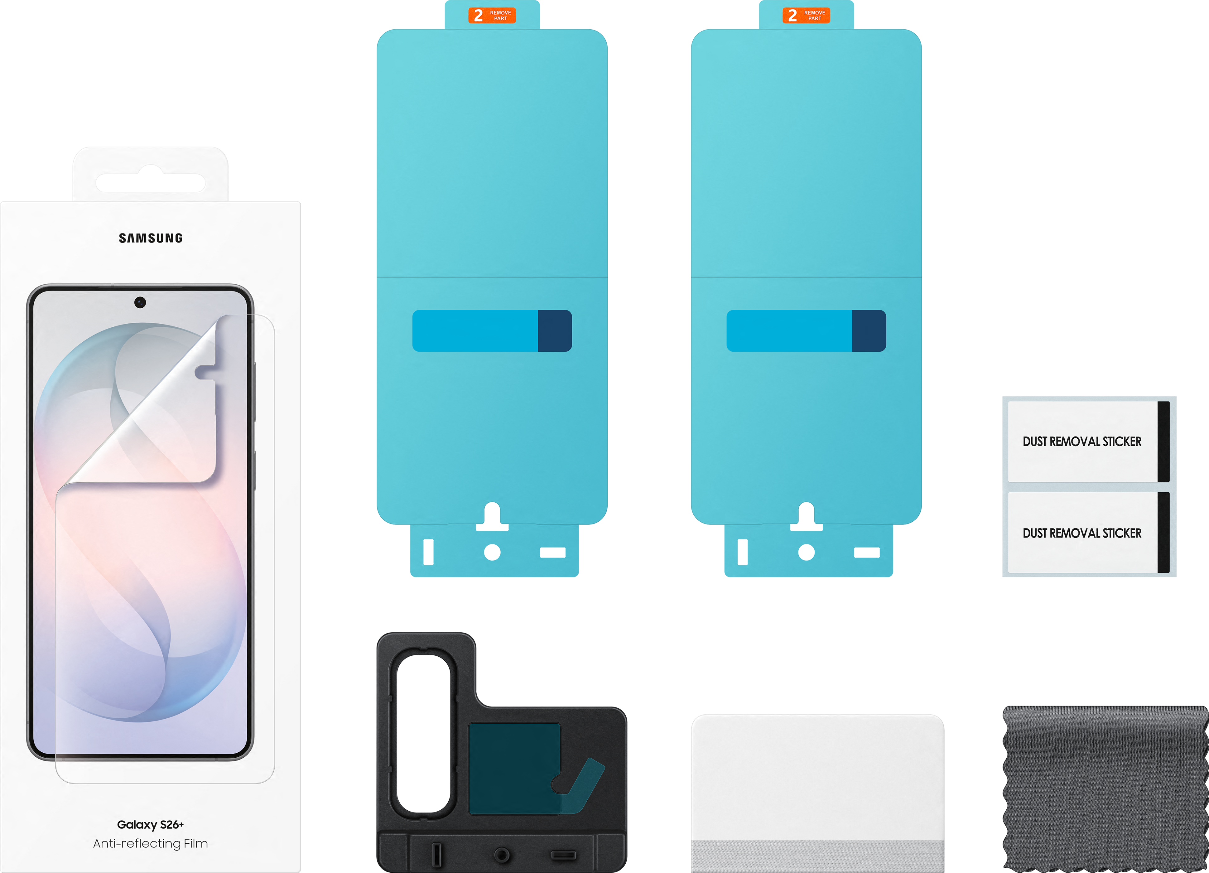 Kit pellicola protettiva schermo Samsung Galaxy S26+ con accessori.