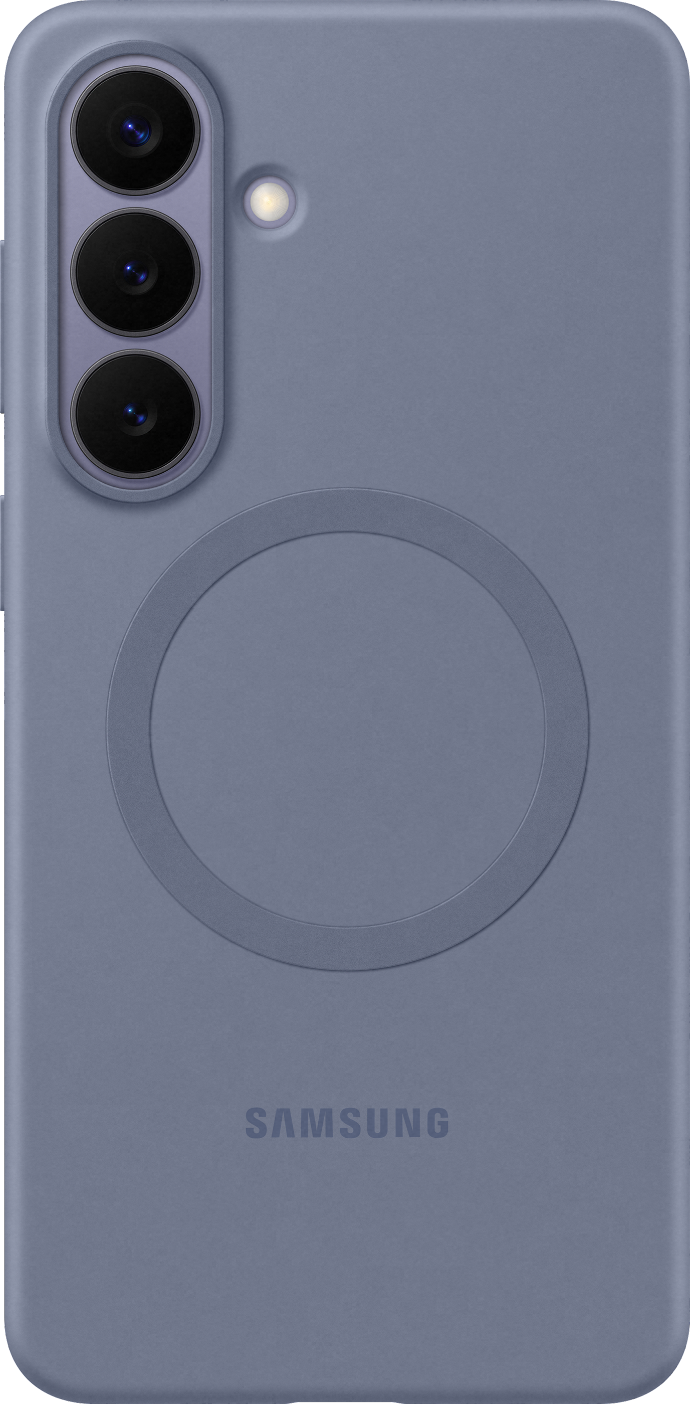 Una cover per telefono grigio-blu con tre fotocamere e un flash in alto.