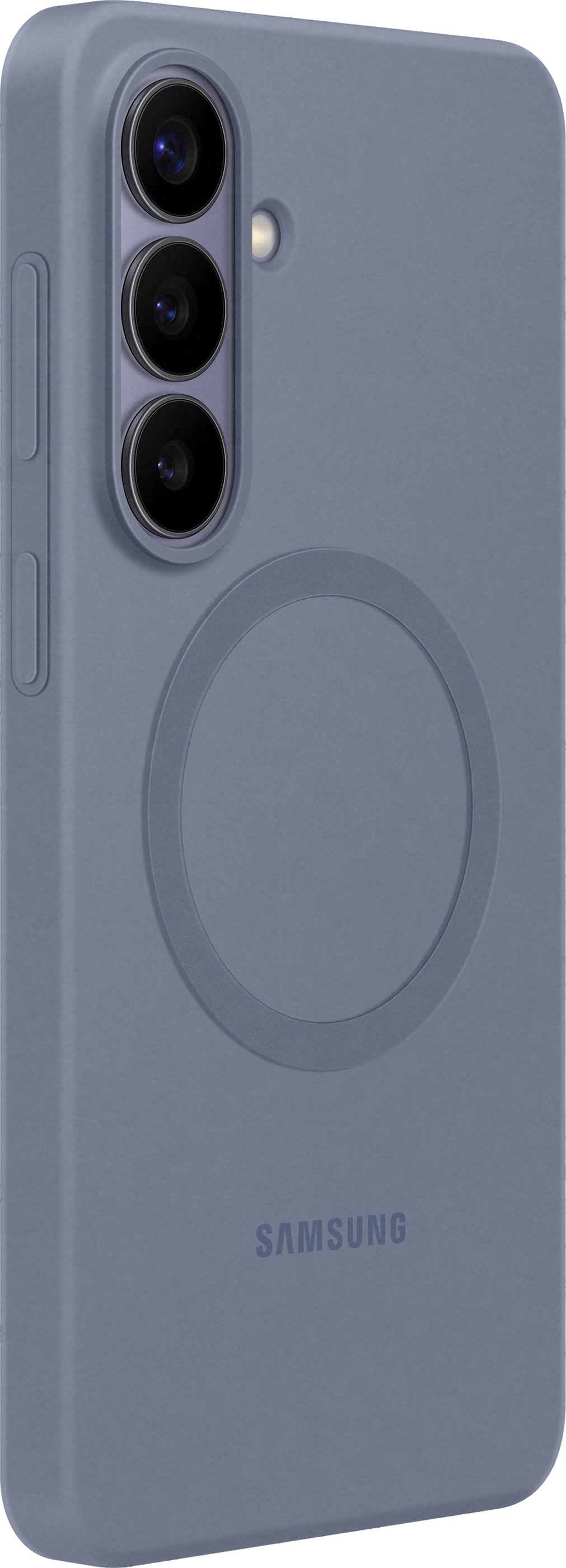 Custodia blu per telefono con tre fotocamere e logo Samsung.