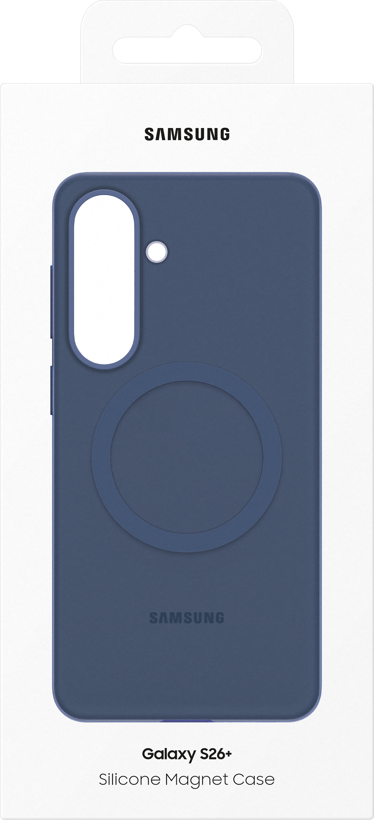Custodia in silicone blu Samsung Galaxy S26+ con anello magnetico.