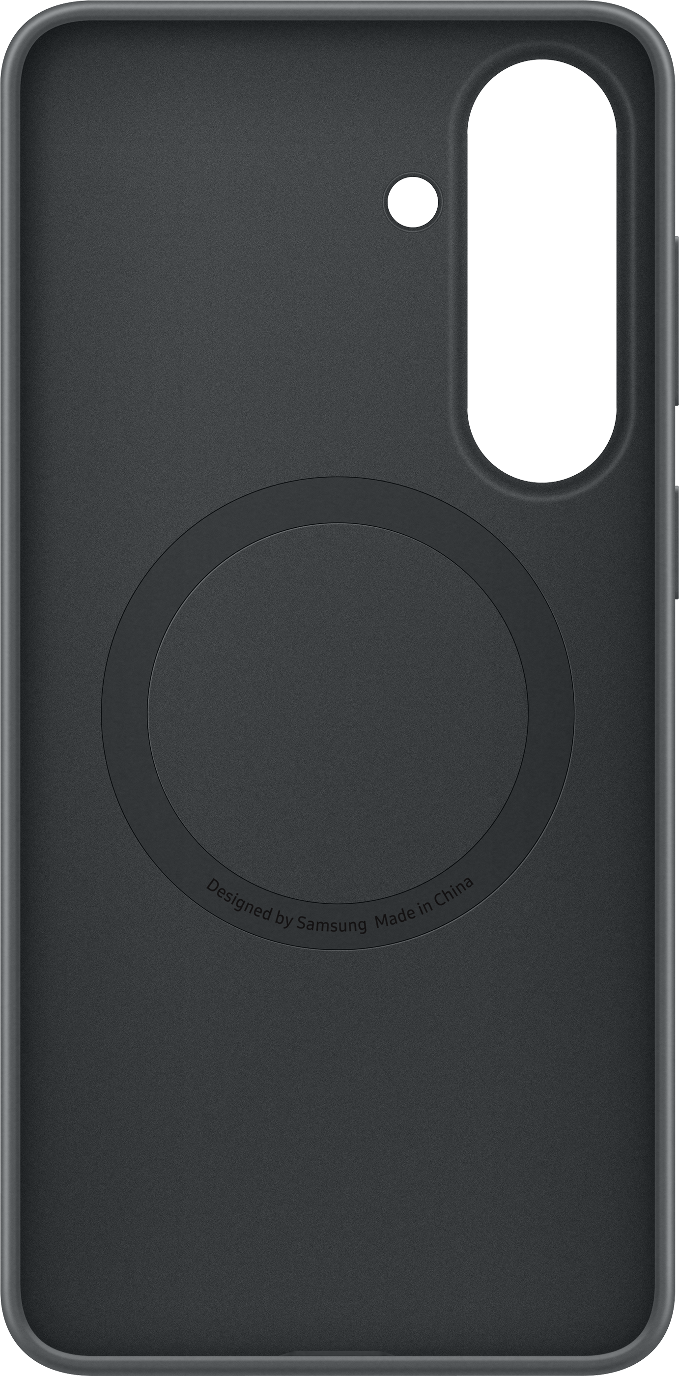 Custodia per telefono grigio scuro con design circolare in rilievo e foro fotocamera.