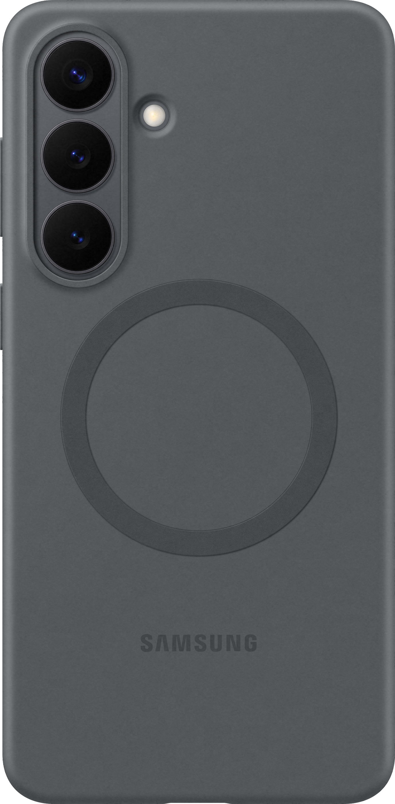 Custodia grigio scuro con tre fotocamere, flash e logo Samsung.