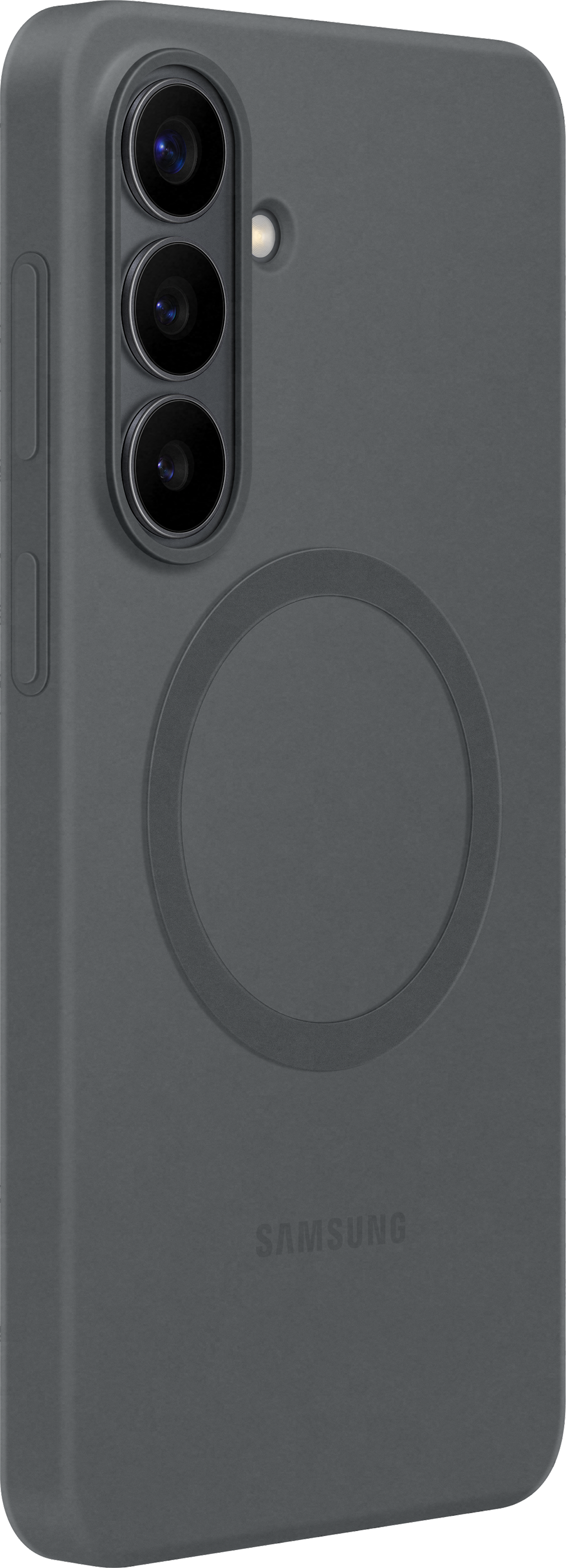 Custodia grigio scuro per telefono con tre fotocamere e logo Samsung.