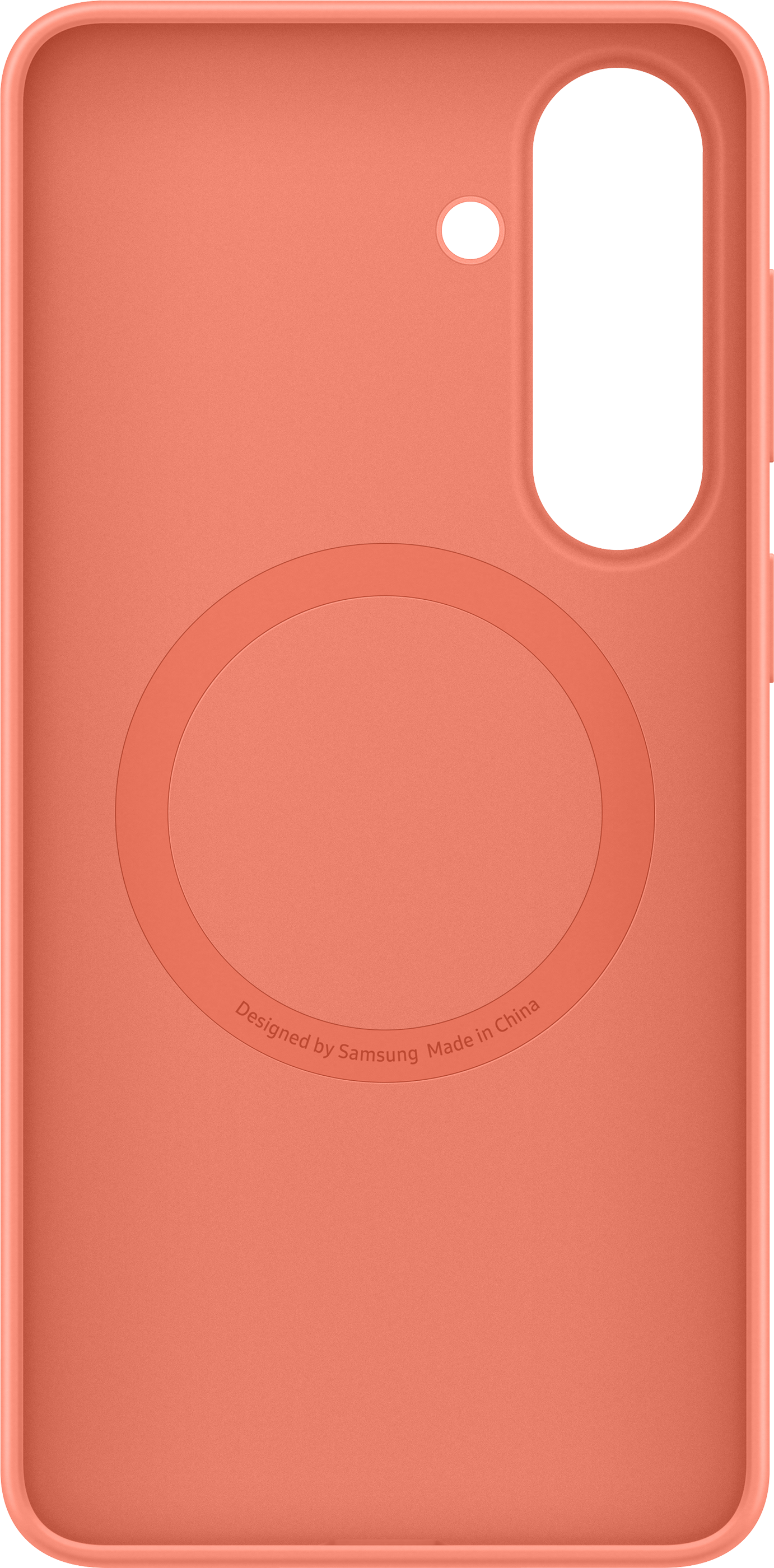Una cover corallo per telefono con anello magnetico circolare.