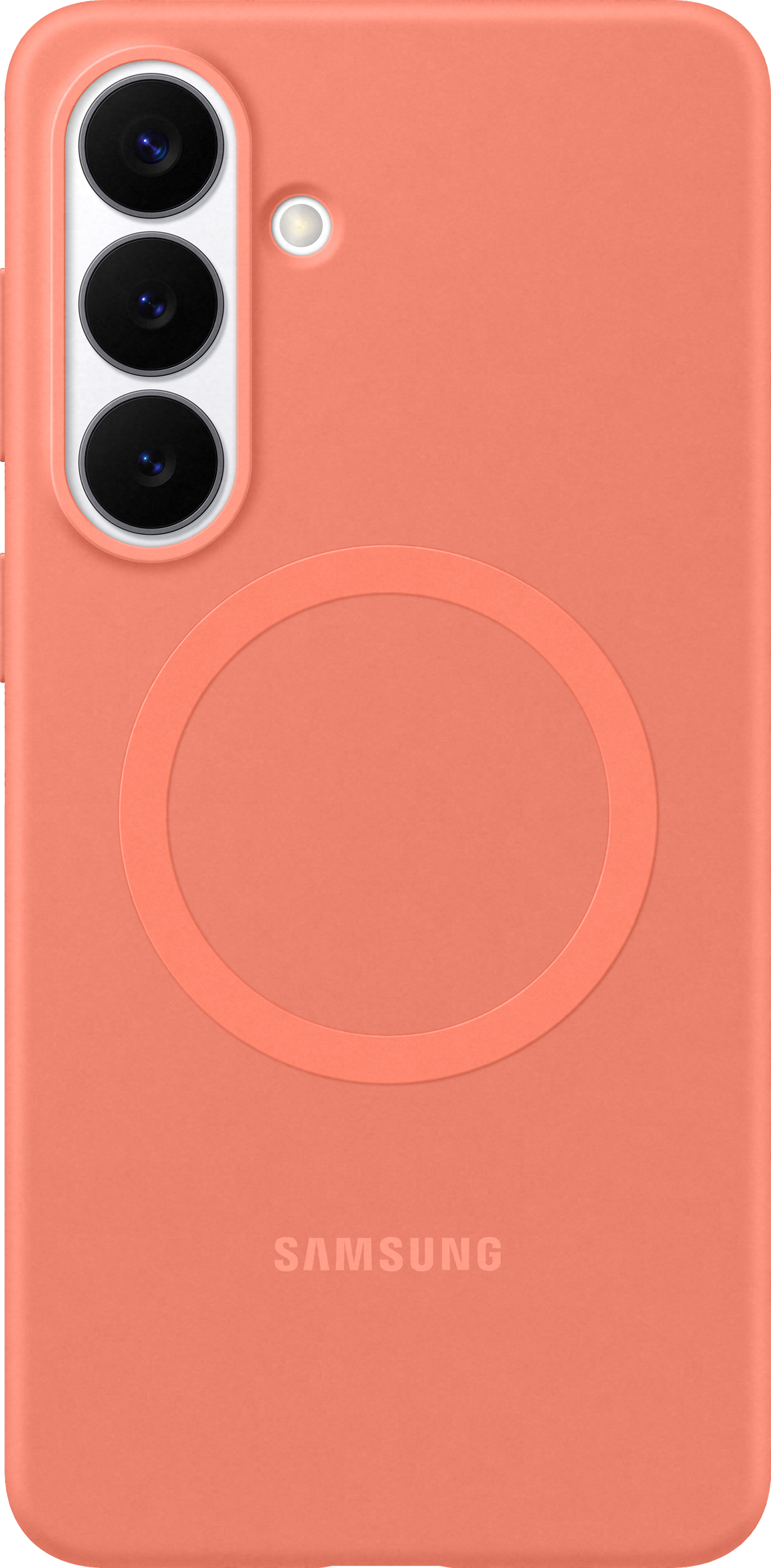 Cover arancione per telefono con tripla fotocamera e design circolare. Logo Samsung.