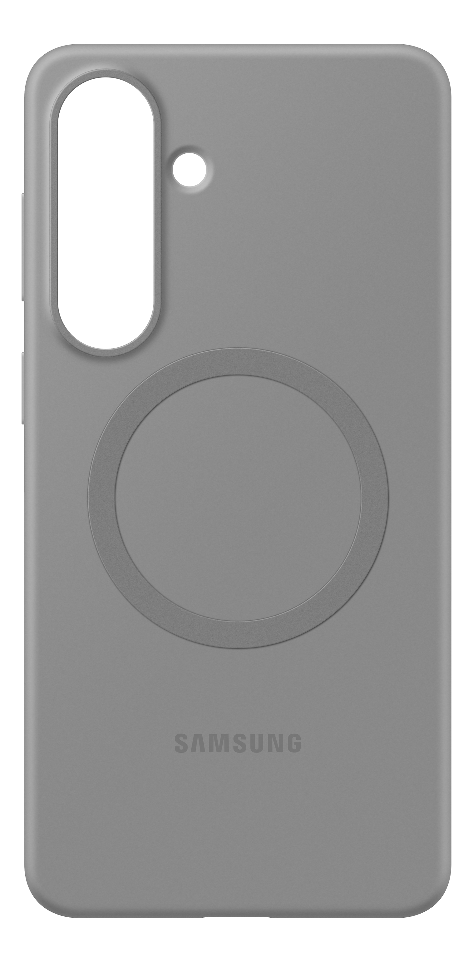 Cover grigia per telefono con ritaglio fotocamera, cerchio di ricarica e logo Samsung.