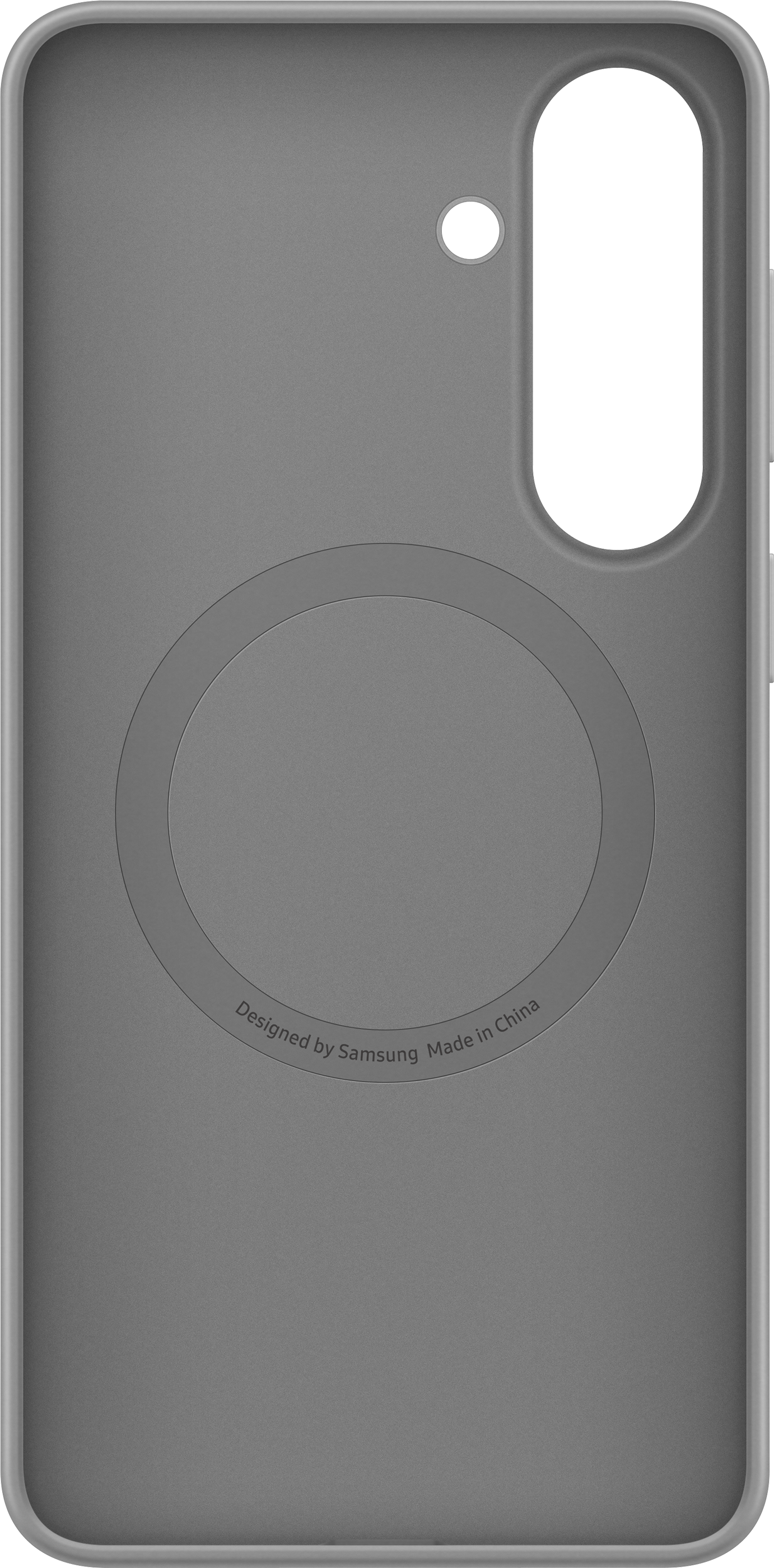 Custodia grigia per telefono con ritagli per fotocamera e porta di ricarica.