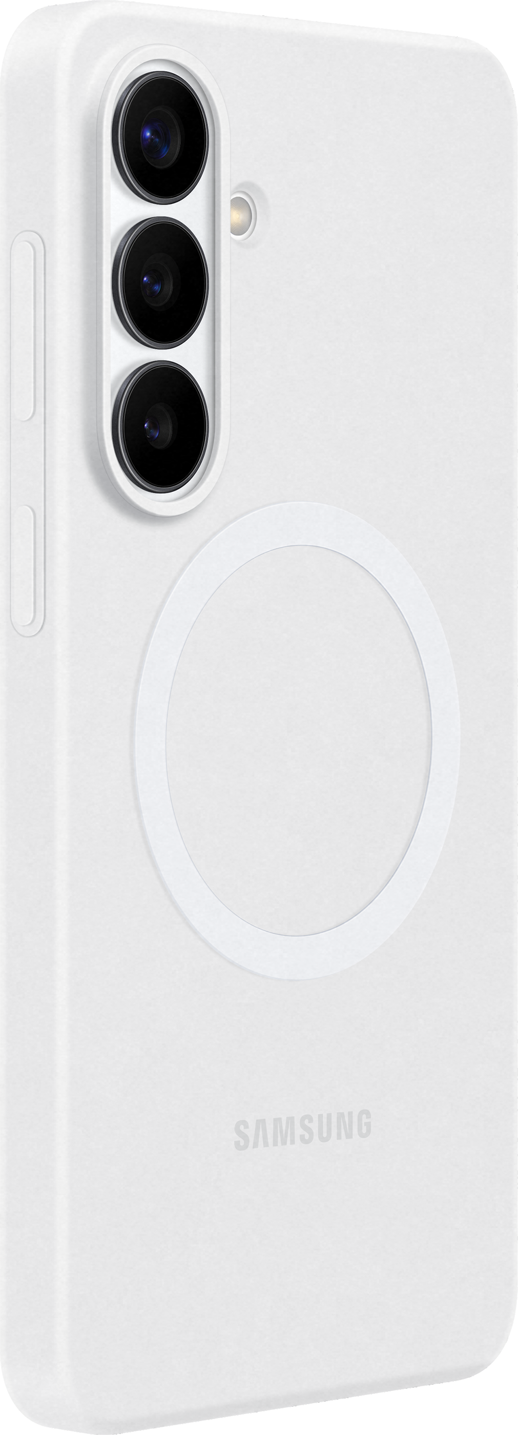 Custodia bianca per telefono con tre fotocamere e design circolare.