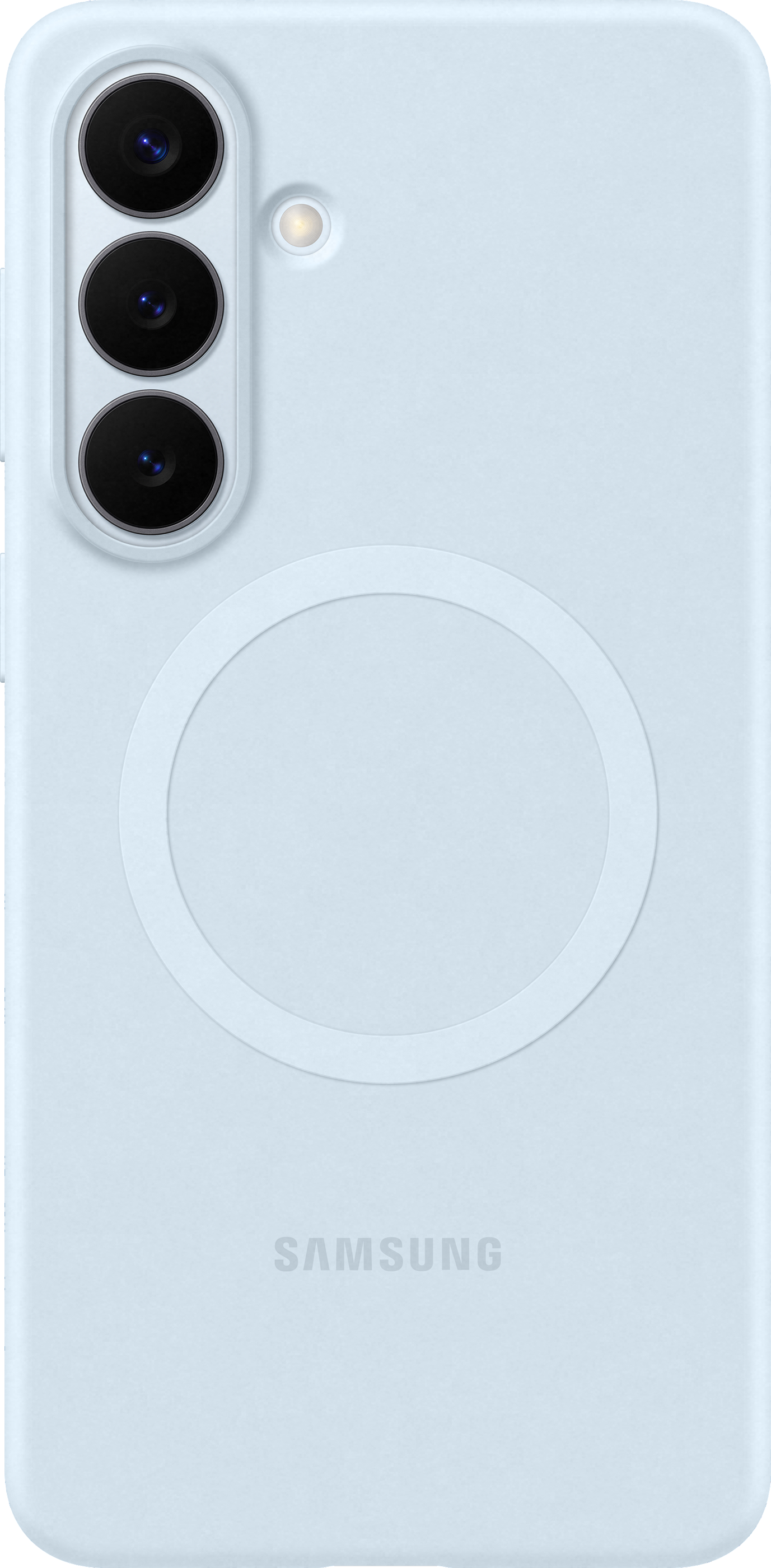 Telefono Samsung azzurro con tre fotocamere e cerchio.
