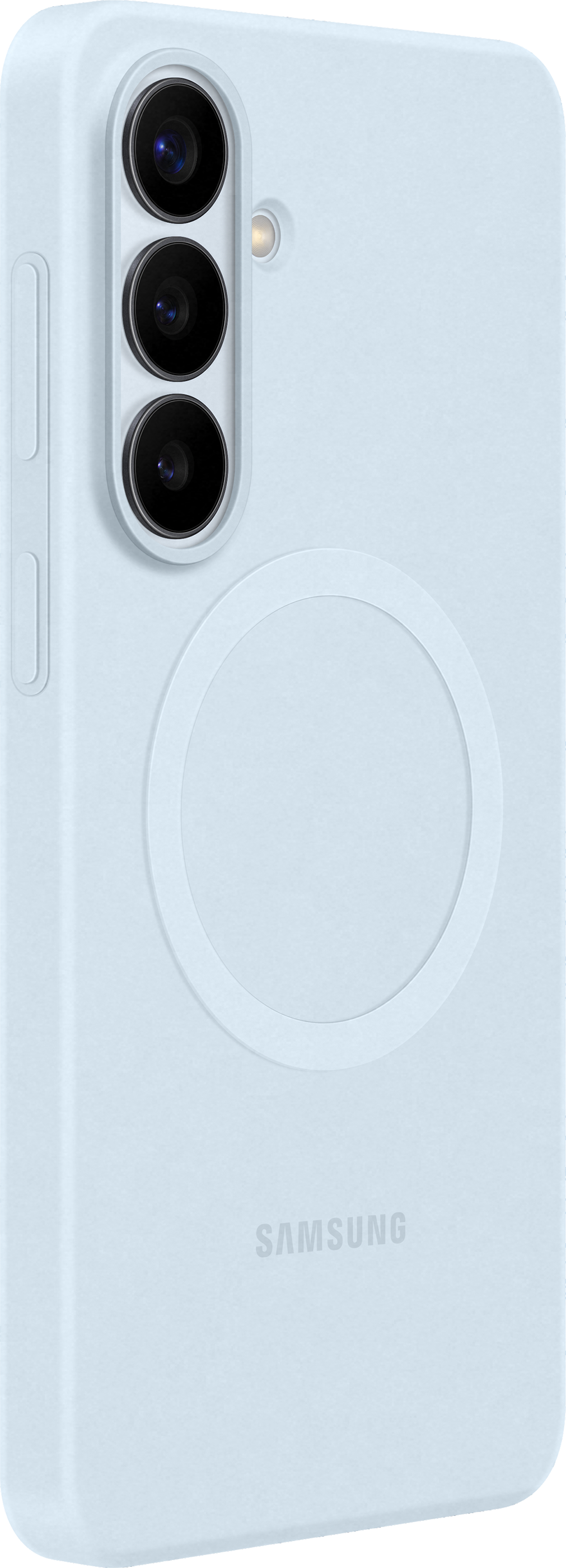 Cover azzurra con tre fotocamere e logo SAMSUNG.
