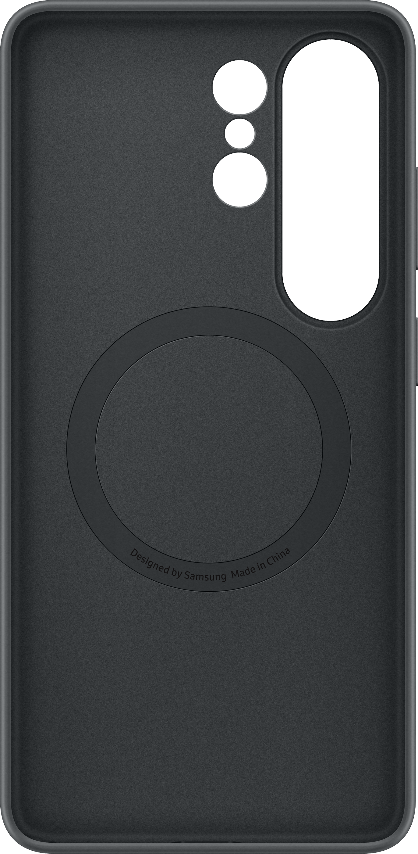 Custodia nera per telefono con ritagli fotocamera e area MagSafe circolare.