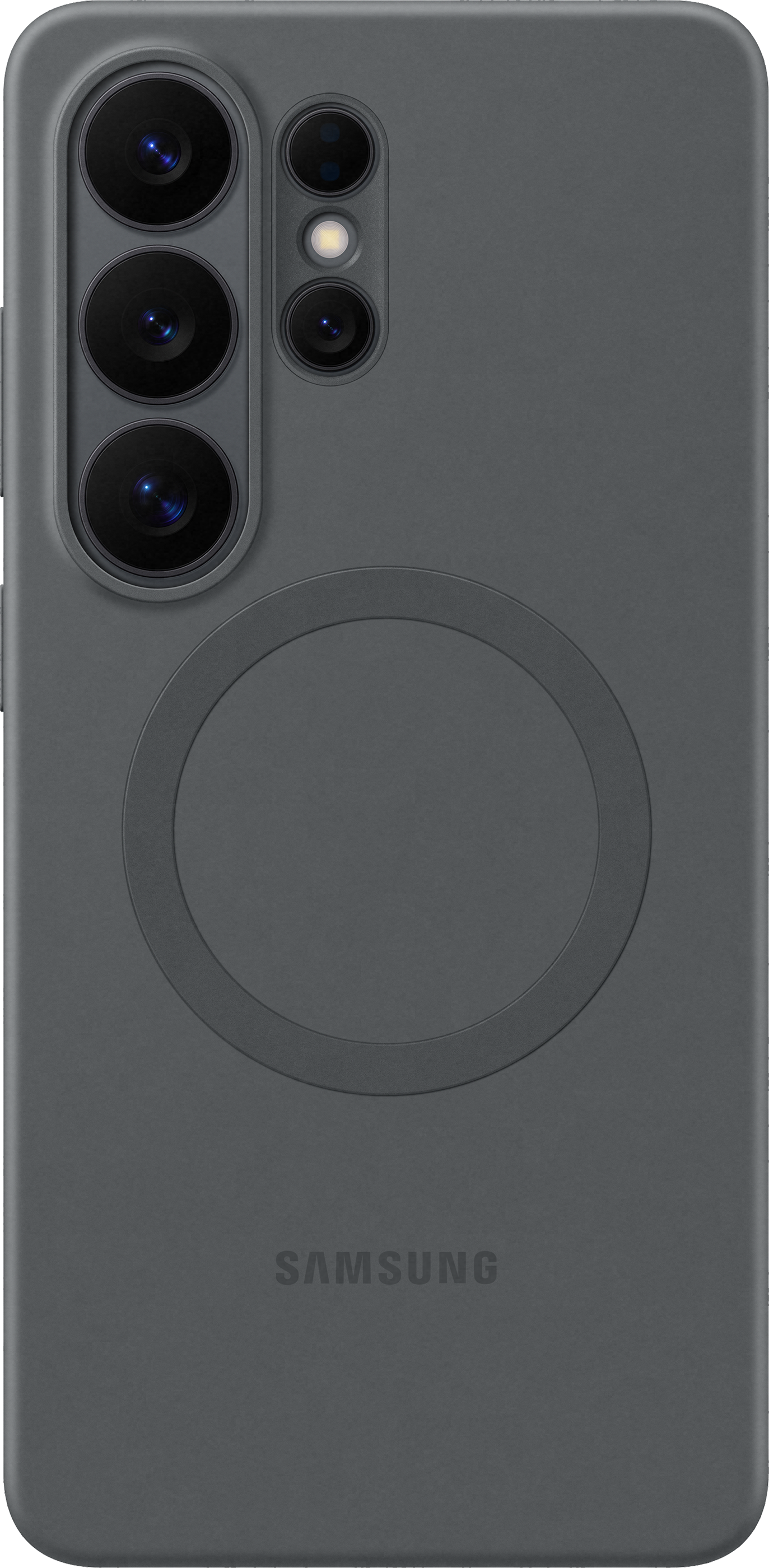 Custodia grigia per telefono con quattro fotocamere e un cerchio.