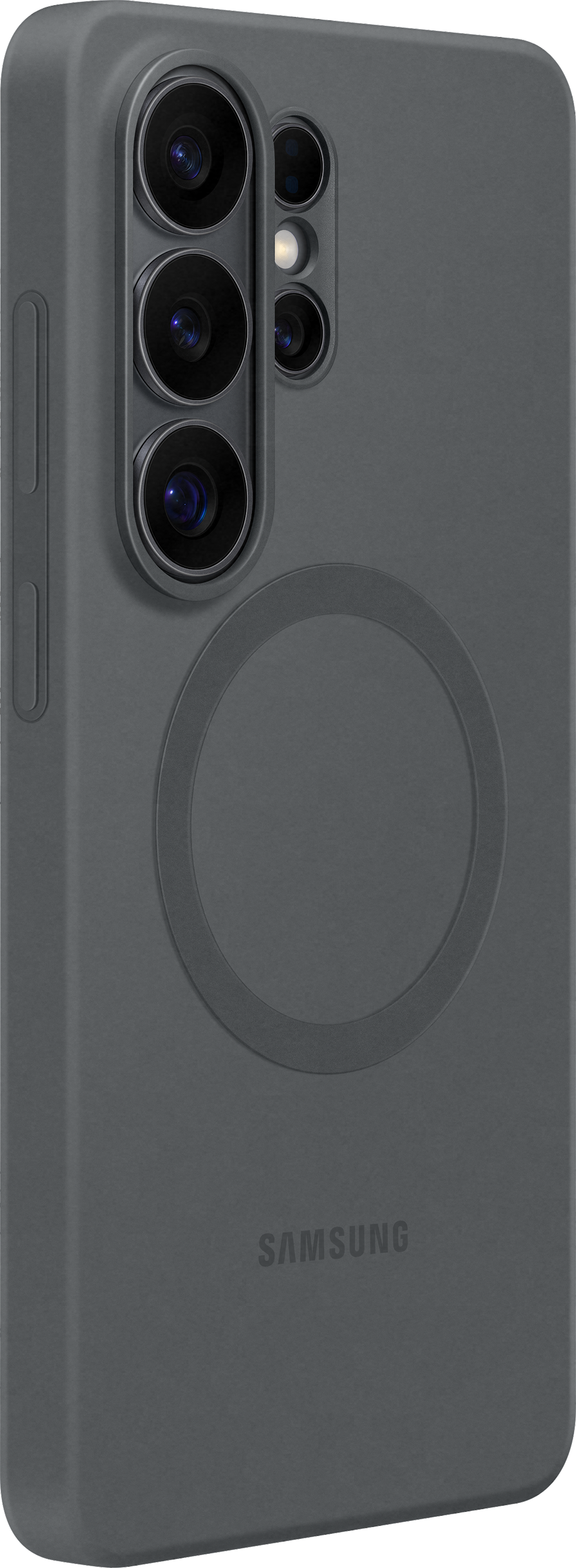 Cover grigio scuro per telefono con lenti della fotocamera e logo Samsung.